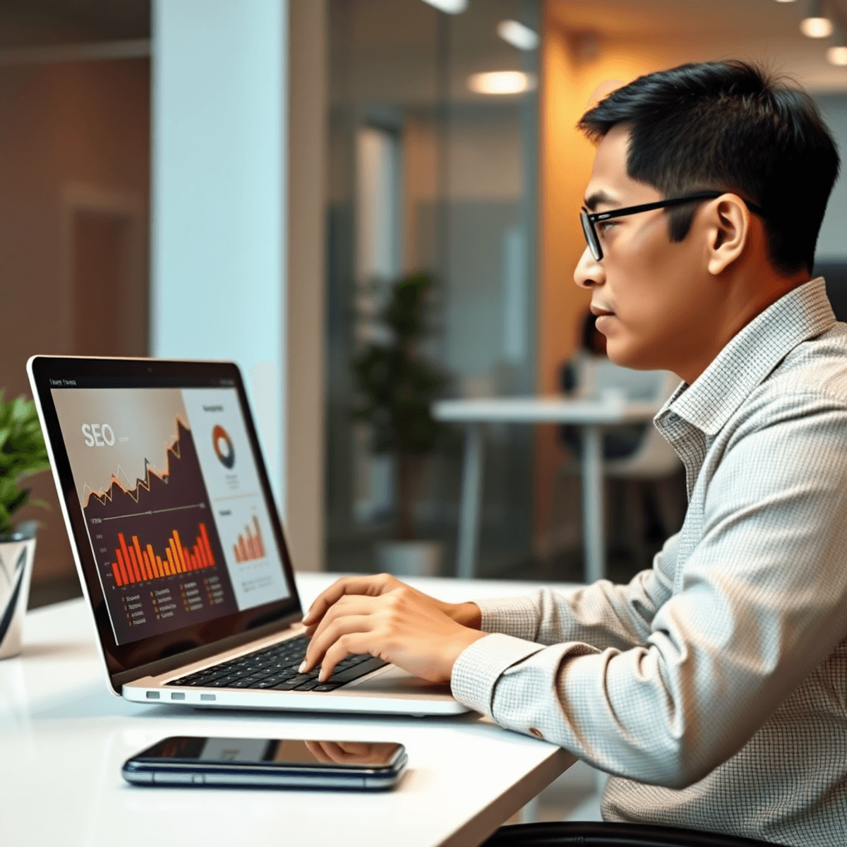 A person working on a laptop in a modern office, surrounded by charts and graphs that symbolize online growth and analytics, conveying a professional digital marketing atmosphere.