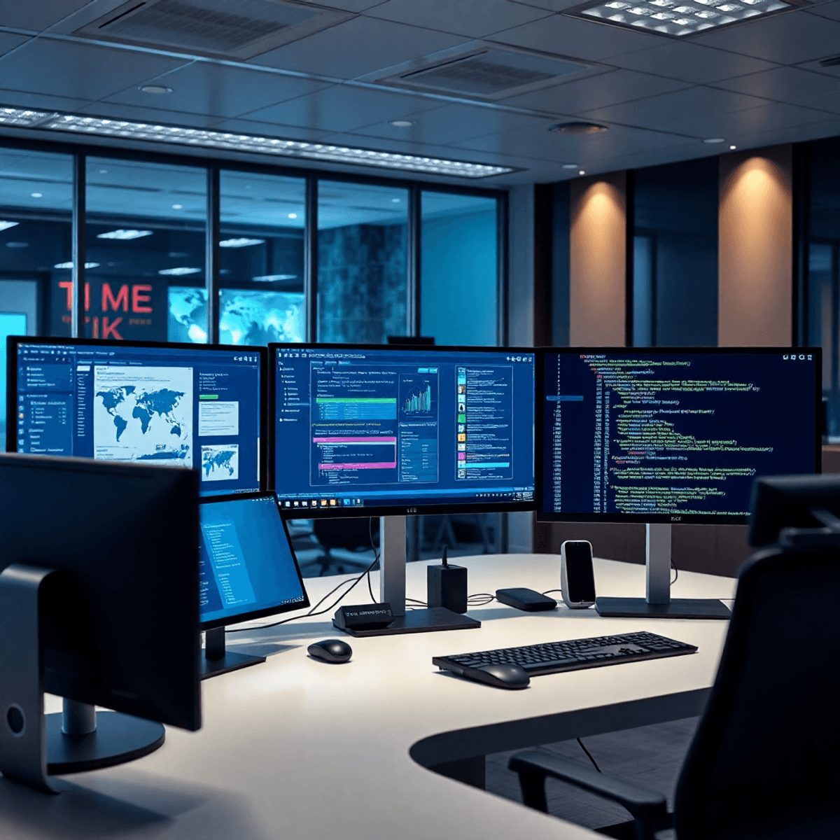Modern office workspace with multiple screens showing automation workflows and code, highlighting custom software development and business efficiency.
