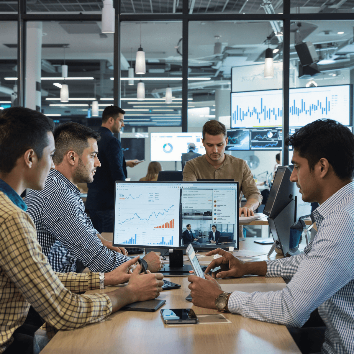 Team of professionals collaborating in a modern office with digital devices displaying graphs and charts, symbolizing software-driven business growth.