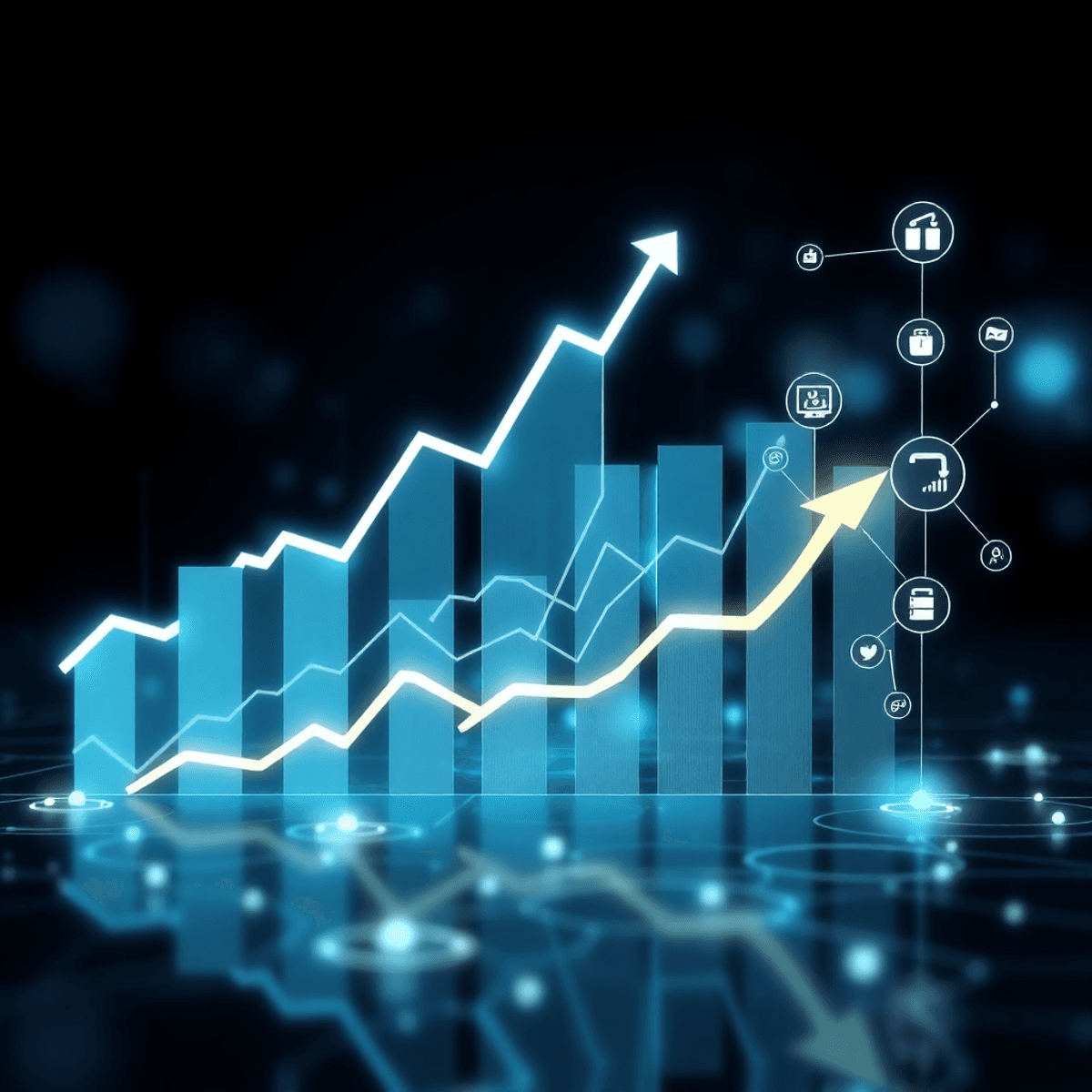 Modern digital interface with upward-trending graphs and interconnected tech icons representing business growth and scalable software solutions.