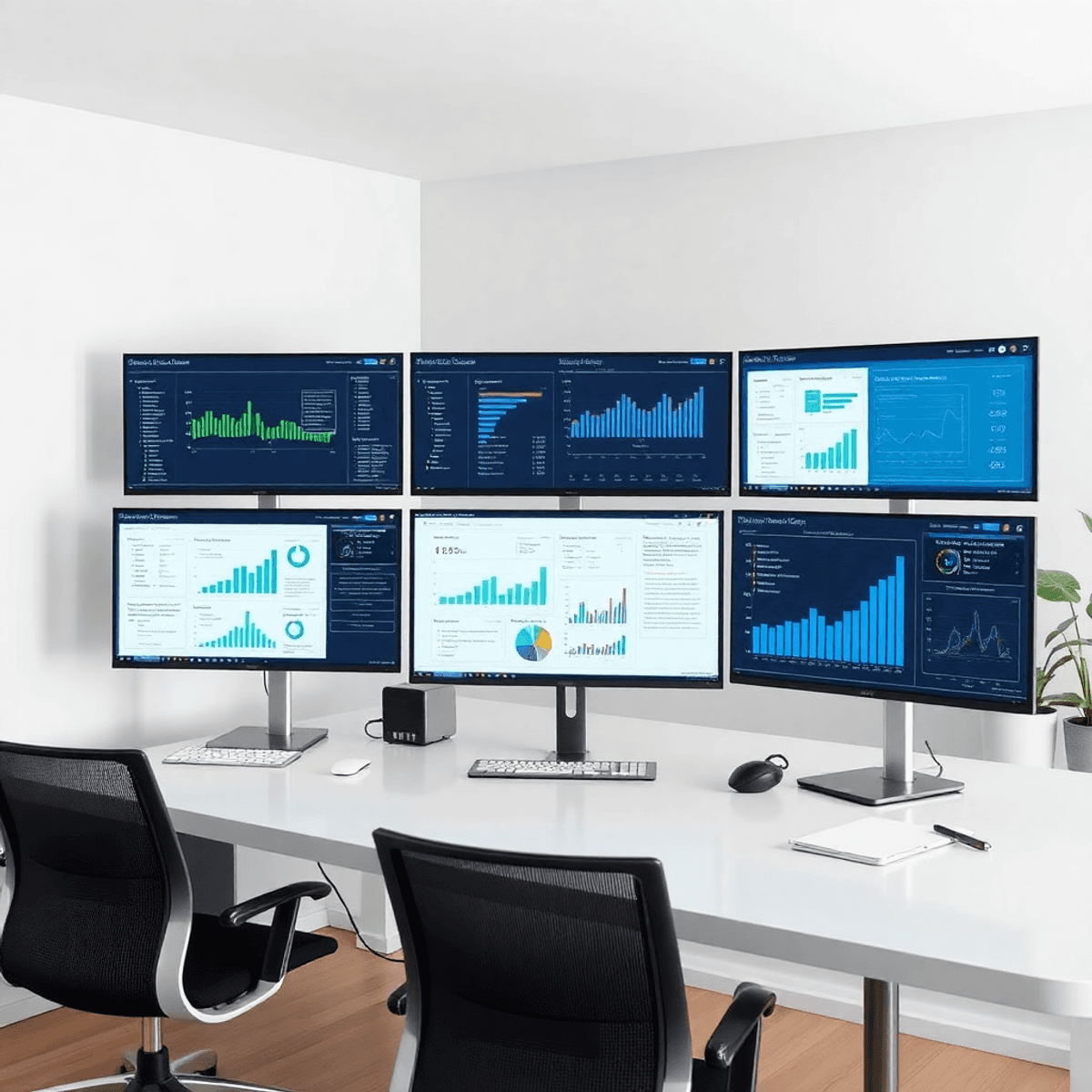 Modern workspace with multiple digital screens showing software interfaces and charts, symbolizing scalable custom software solutions for business efficiency.