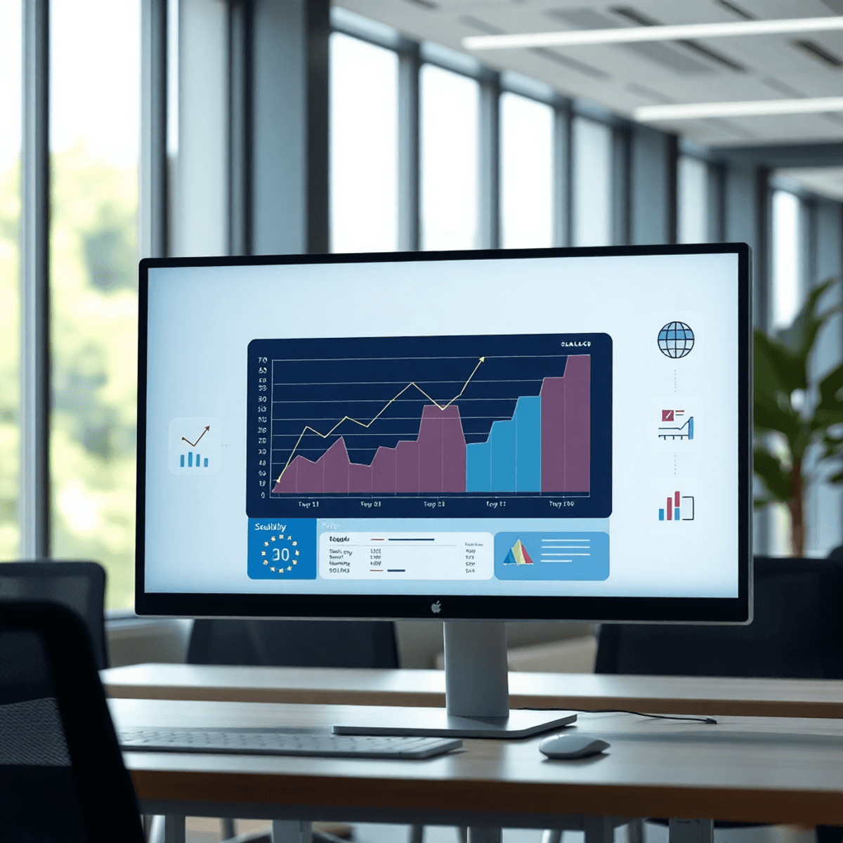 Computer screen in modern office showing software interface with graphs and scalability icons, representing growth and adaptability in technology.