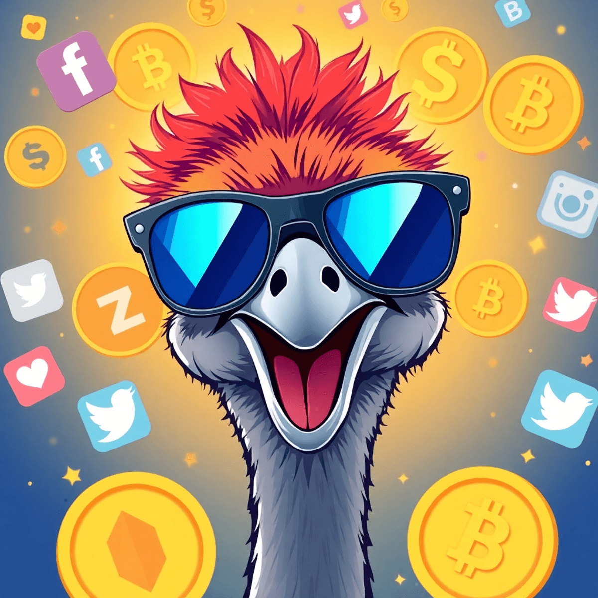 5 Reasons Why OstrichY Coin is the Memecoin to Watch. 1 A colorful illustration of an ostrich in sunglasses surrounded by digital currency symbols and social media icons, embodying the playful spirit of memecoins.
