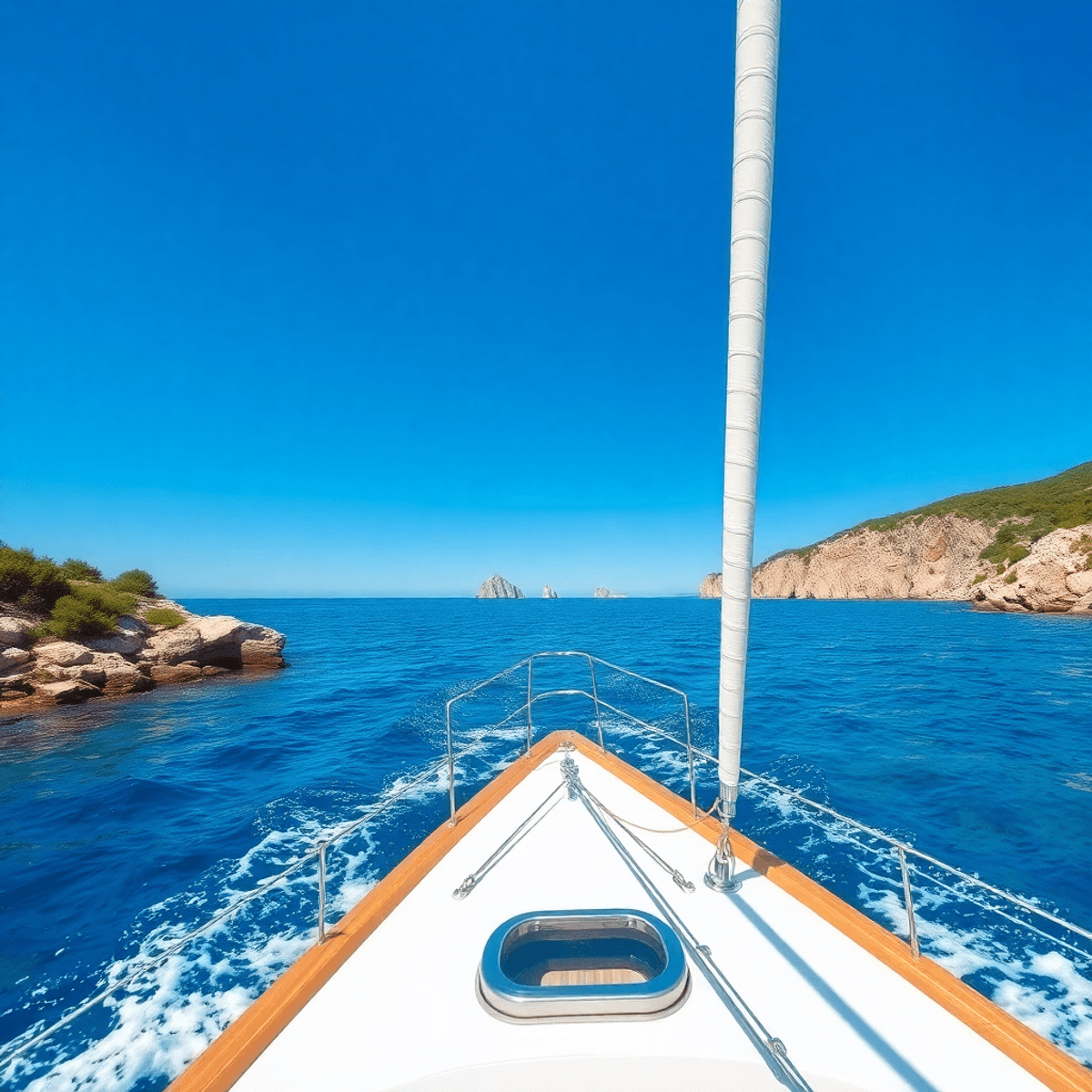 A sailboat glides through the clear azure waters of the Adriatic Sea, with rugged cliffs and lush greenery of the Dalmatian coastline in the background under a bright blue sky.