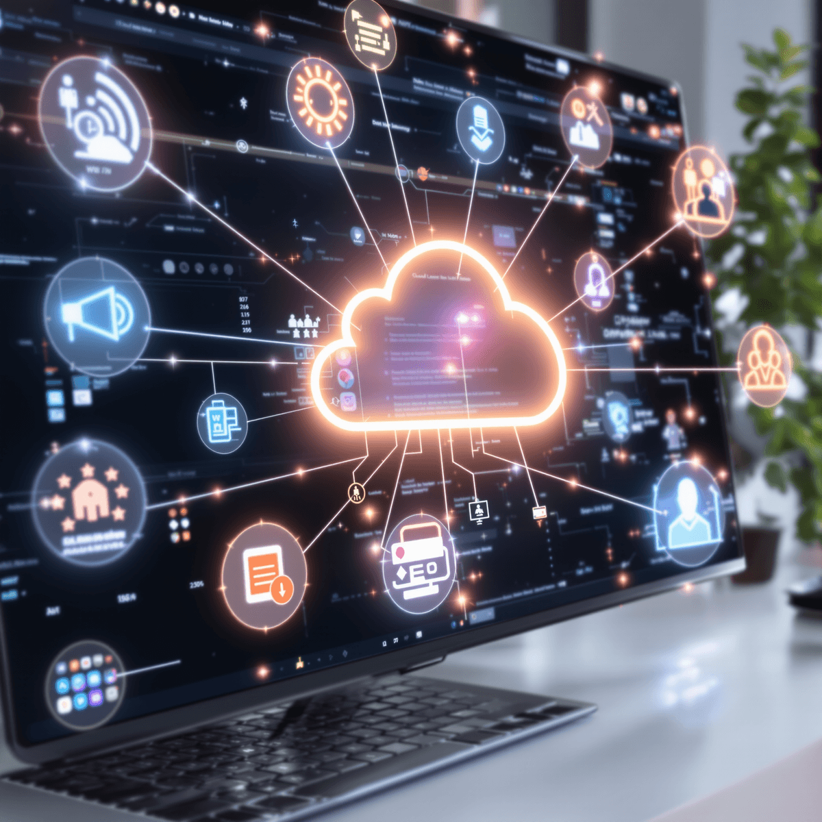 현대적인 디지털 작업 공간으로, 정리된 바탕 화면과 밝고 미니멀한 배경에 웹 링크, 클라우드 동기화 및 팀워크를 위한 빛나는 추상 아이콘들이 있습니다.