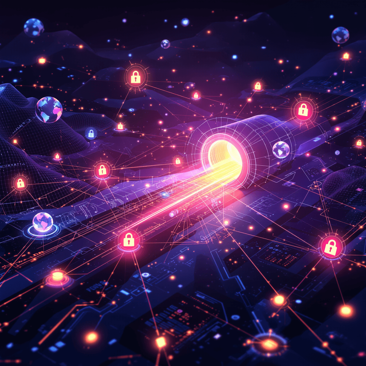 디지털 풍경에서 네트워크 노드, 방패 및 지구본 요소가 포함된 빛나는 안전한 터널이 암호화된 인터넷 트래픽을 상징하는 차가운 파란색과 보라색 톤으로 표현됩니다.