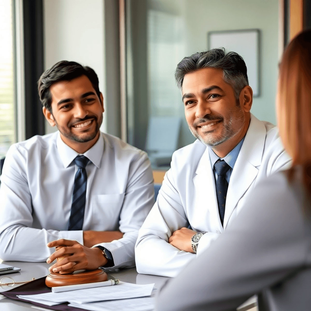 A confident personal injury lawyer consulting with a client in an office, surrounded by legal documents and a gavel, exuding professionalism and support.