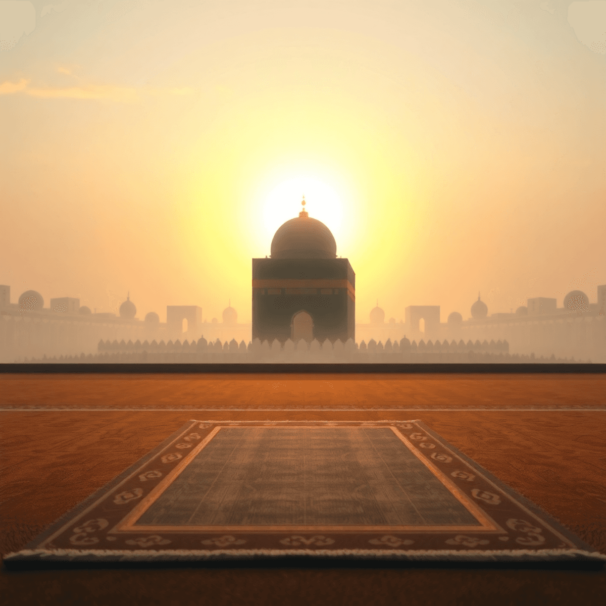 Un tapis de prière propre face à une Ka'bah abstraite et lumineuse sous un ciel paisible au lever du jour, symbolisant la dévotion spirituelle et les prières islamiques quotidiennes.
