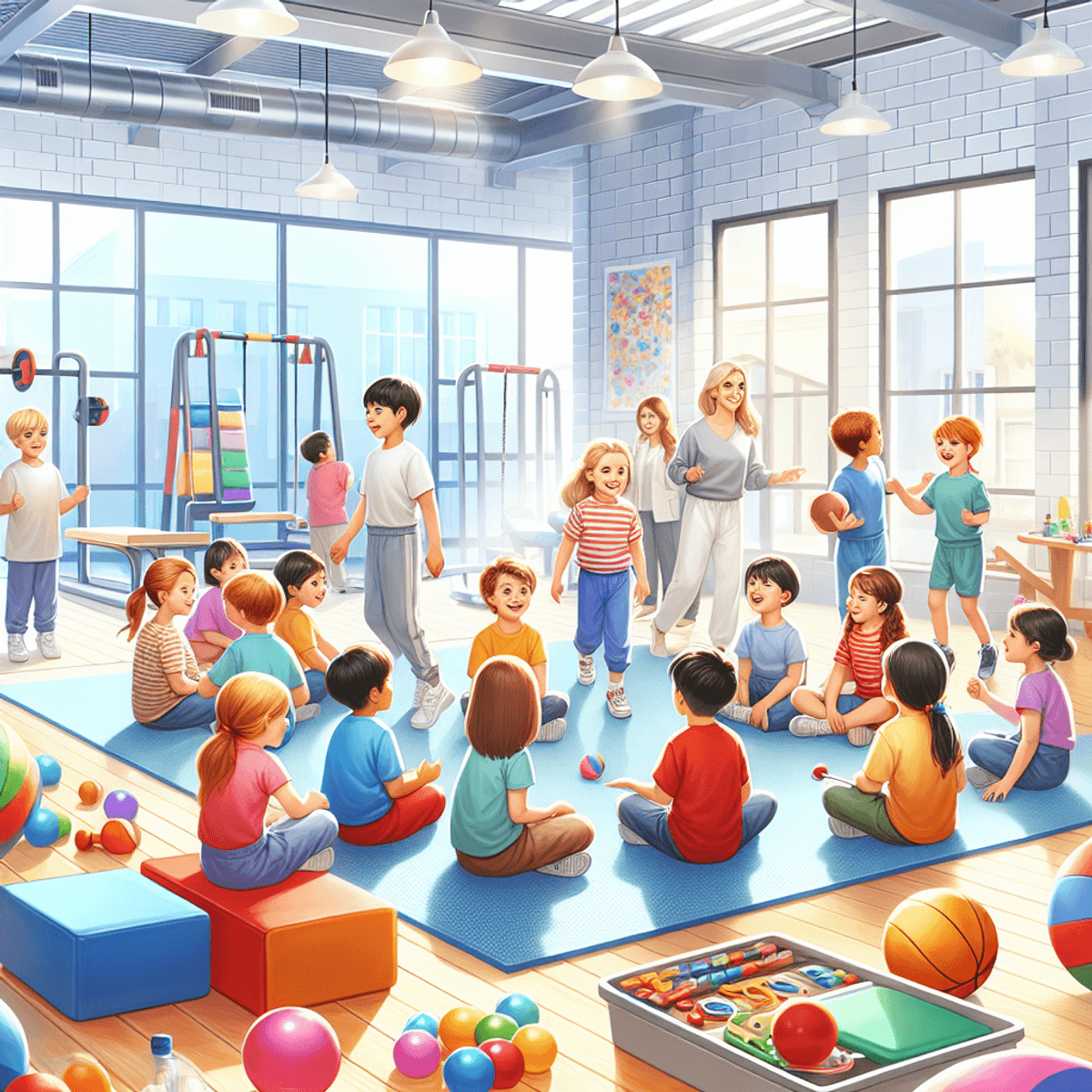 New Hope For Hopeless Patients 6 A vibrant wellness center filled with children of diverse descents, including Caucasian and Hispanic, happily participating in playful activities. The scene features bright-colored toys scattered around, exercise equipment like yoga mats and balance balls, and children laughing as they play together. Sunlight streams through large windows, creating a warm and inviting atmosphere that emphasizes a sense of hope and empowerment. The children's lively interactions showcase joy and friendship in a wholesome environment focused on health and wellness.