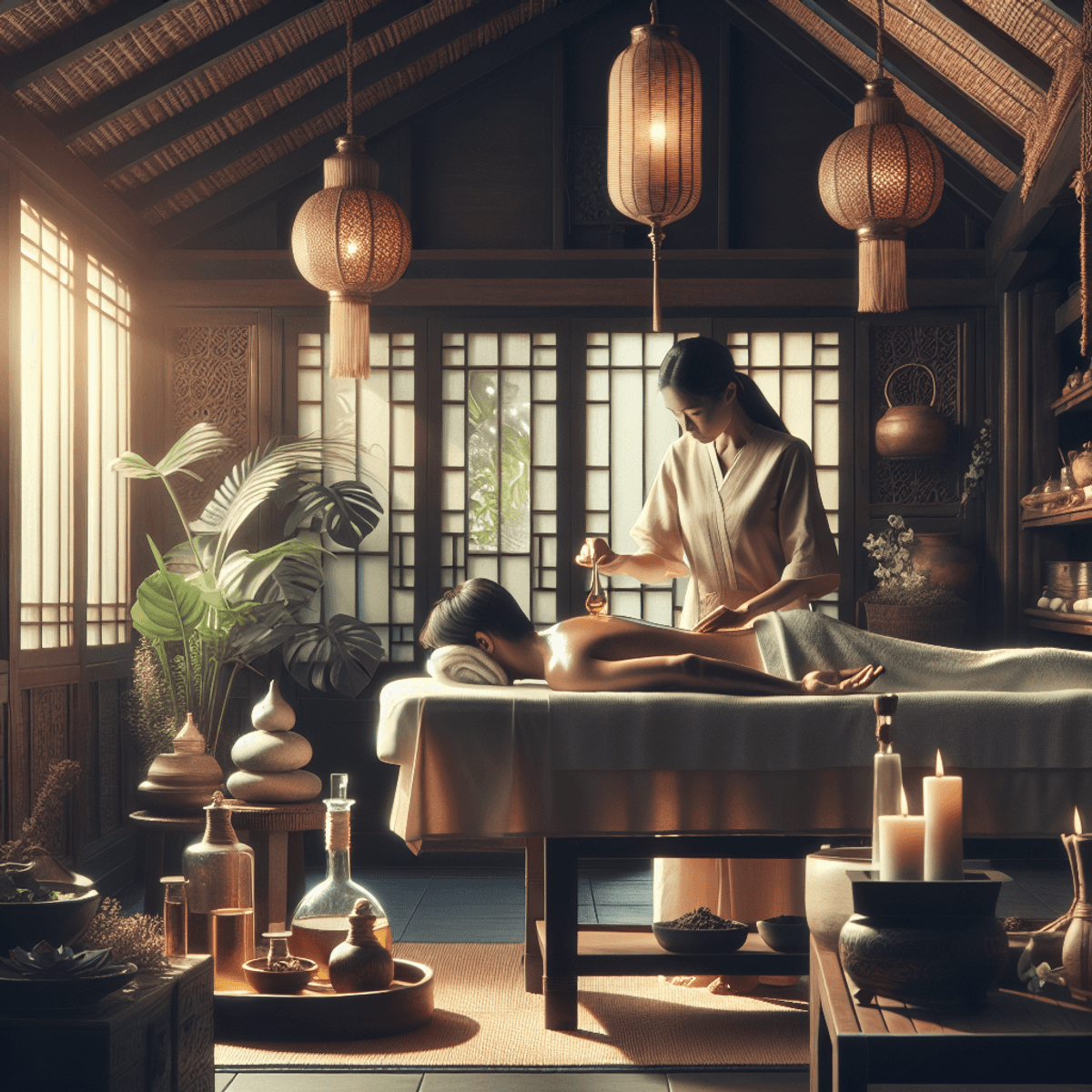 New Hope For Hopeless Patients 7 A serene Ayurvedic treatment room with soft, soothing light. An Asian therapist gently administers a herbal oil massage to a patient on a treatment table. The room is adorned with lush indoor plants, essential oil burners, and jars of herbs, creating a tranquil atmosphere filled with natural elements.