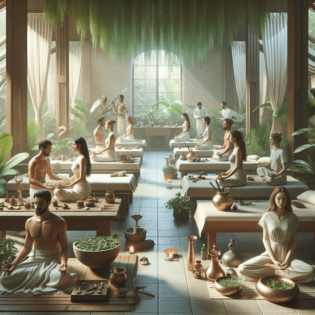 New Hope For Hopeless Patients 5 A serene Ayurvedic clinic filled with lush green plants and soft natural light. A diverse group of Caucasian and Hispanic individuals engage in wellness activities; some meditate peacefully, while others receive herbal treatments. Traditional Ayurvedic tools like wooden massage tables, stone bowls filled with herbs, and copper utensils are thoughtfully arranged around the space, creating an atmosphere of holistic health and empowerment.
