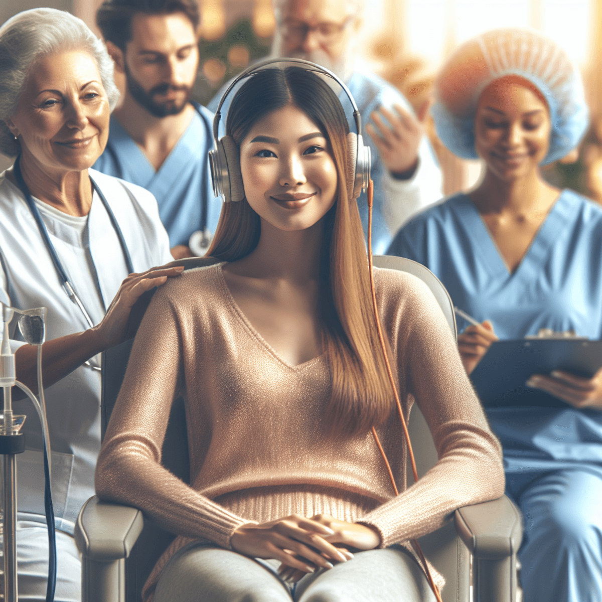 New Hope For Hopeless Patients 3 A diverse group of three patients in a warm, inviting healthcare environment. A Caucasian woman with a hopeful expression is interacting with a nurse while receiving treatment. An Asian man is engaged in a physical therapy session, showing determination and focus. A Hispanic woman is participating in a wellness activity, radiating optimism. The room is filled with plants and therapeutic equipment, emphasizing patient-centered care and empowerment in their healing journey.