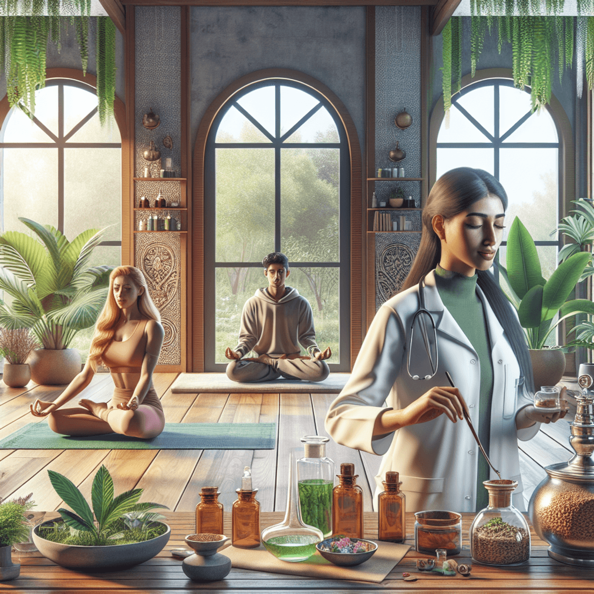 New Hope For Hopeless Patients 10 A serene Ayurvedic clinic featuring a South Asian female practitioner mixing herbal remedies, a Caucasian male in a yoga pose, and a Hispanic female meditating. The space is filled with lush green plants, shelves of natural remedy glasses, and calming decor, creating a tranquil atmosphere that embodies wellness and holistic healing.