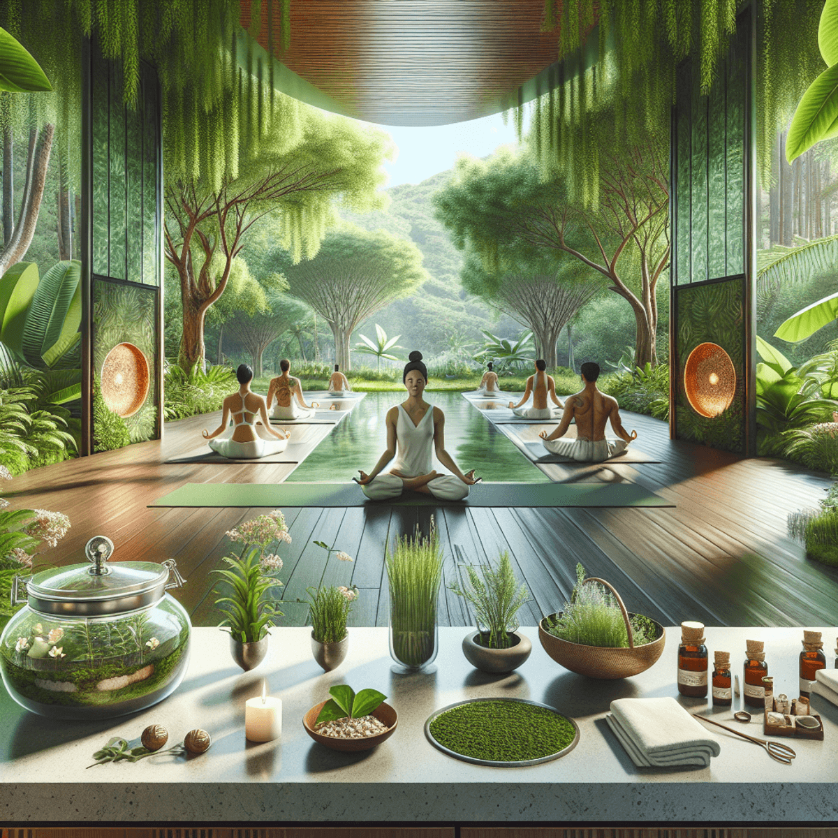 New Hope For Hopeless Patients 4 A serene wellness center enveloped in lush greenery, featuring Asian men and women engaged in yoga and meditation. The scene includes Ayurvedic herbs and a countertop filled with natural healing objects, conveying a holistic health atmosphere. The image captures the tranquility of the environment, emphasizing fluid yoga poses and the vibrant textures of the surrounding plants, embodying the essence of Ayurveda and relaxation.