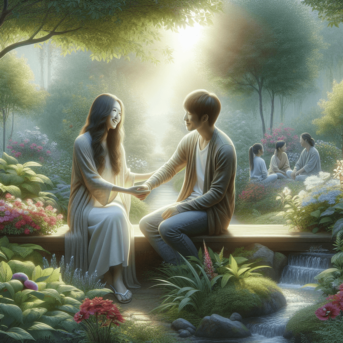 New Hope For Hopeless Patients 2 A serene garden setting featuring a Caucasian woman and an Asian man sitting together on a wooden bench, both smiling and engaging in supportive gestures. The scene is lush with greenery, illuminated by soft sunlight filtering through the leaves. Surrounding them are colorful blooming flowers in various shades, and a gentle water feature with a miniature waterfall cascading into a bubbling brook nearby, creating an atmosphere of tranquility and rejuvenation.