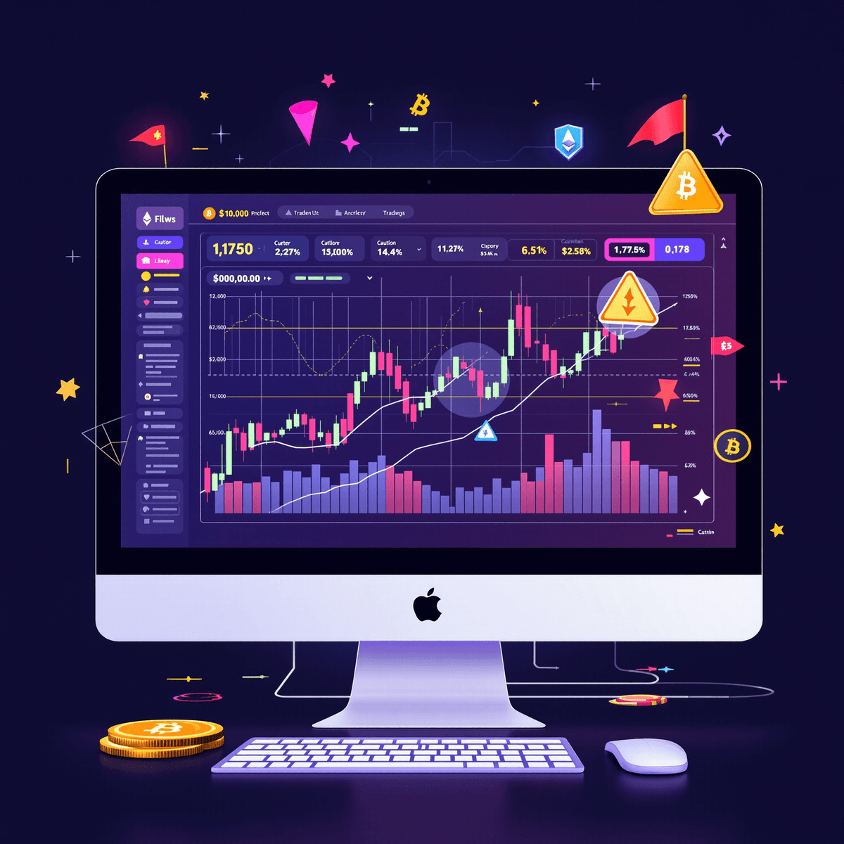 A digital illustration of a cryptocurrency trading interface on a computer screen, featuring graphs, warning symbols, and a tech-savvy atmosphere with dark tones and bright accents.