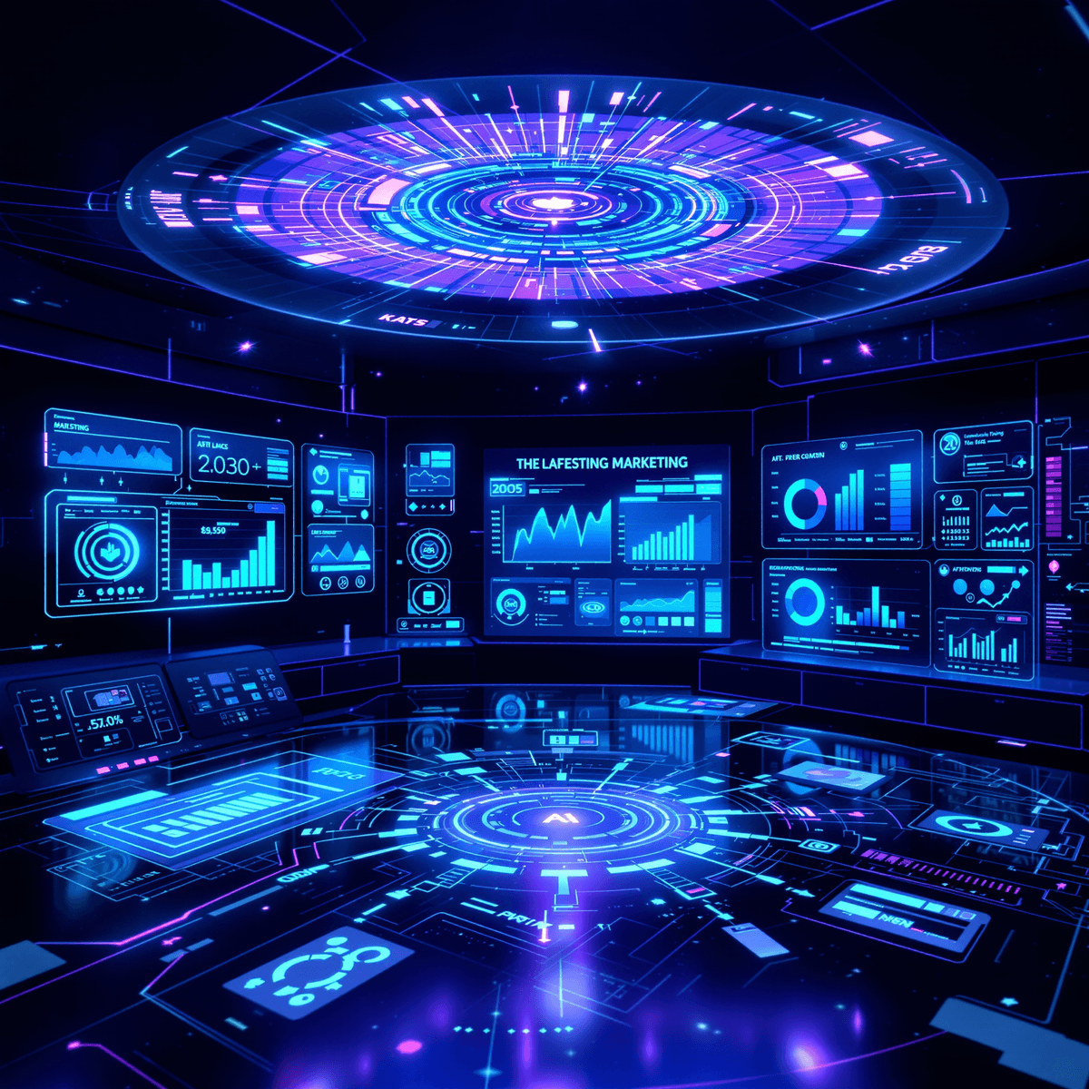 Futuristic digital marketing workspace with glowing blue and purple holographic AI interfaces, charts, and data analytics screens in a realistic style.