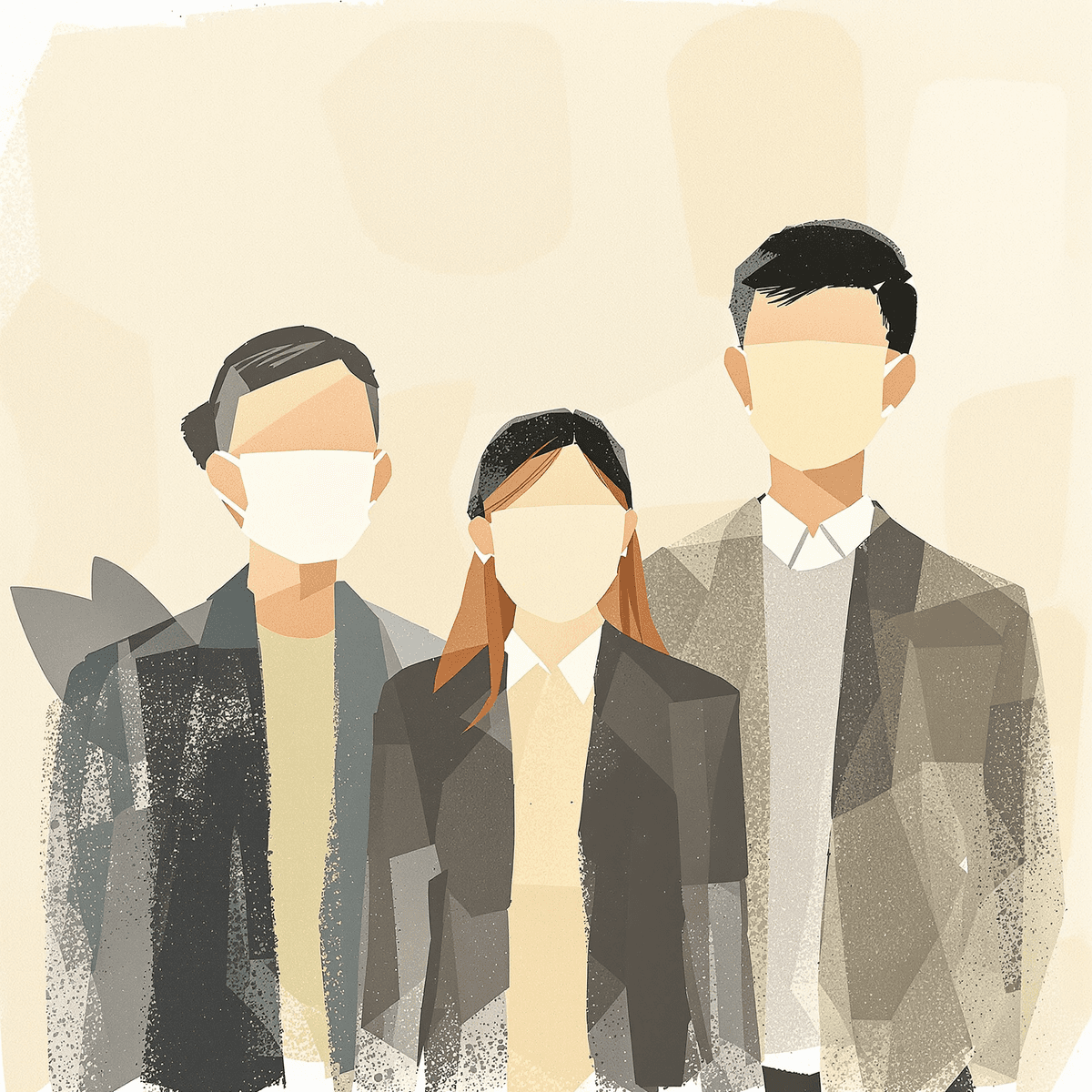 Un grupo diverso de personas con sombras sutiles y máscaras que ocultan parcialmente sus rostros, situadas frente a un fondo apagado que simboliza la discriminación oculta.
