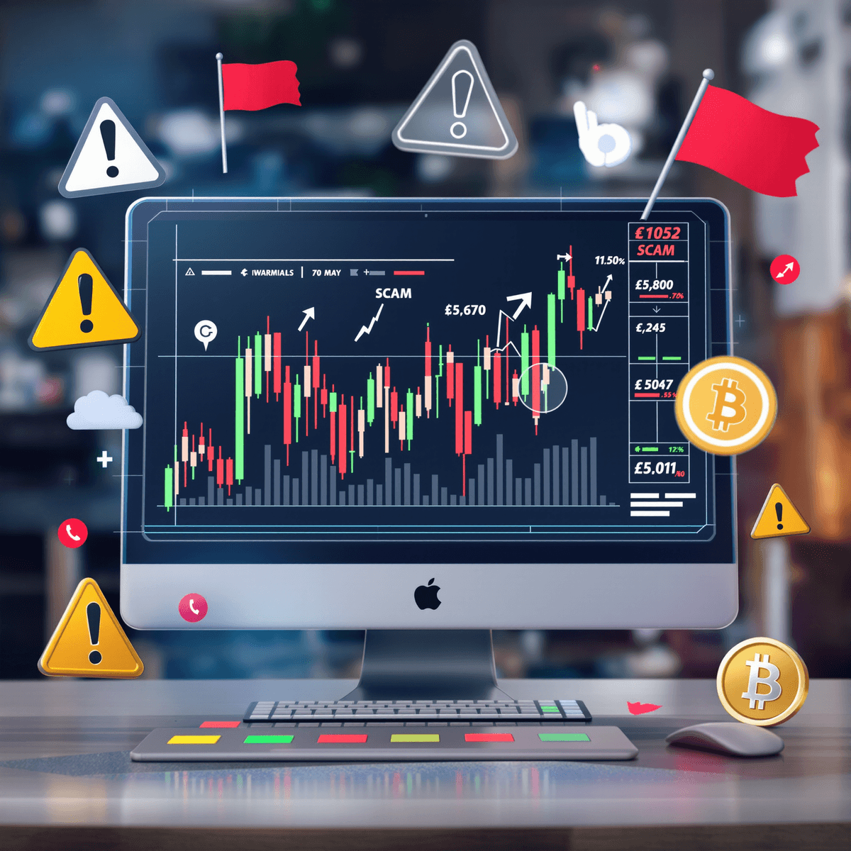 A computer screen shows fluctuating stock market graphs and cryptocurrency symbols, surrounded by warning signs, against a digital-themed background.