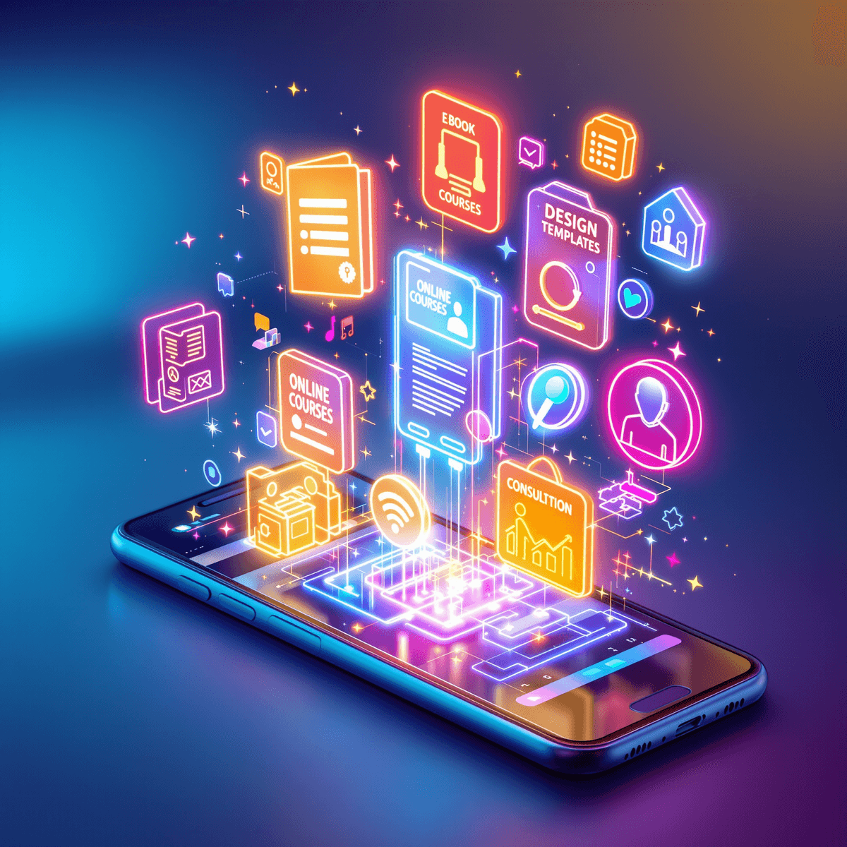 Smartphone menampilkan ikon bercahaya dari e-book, kursus, template desain, dan konsultasi virtual, yang mewakili tren produk digital tahun 2025.