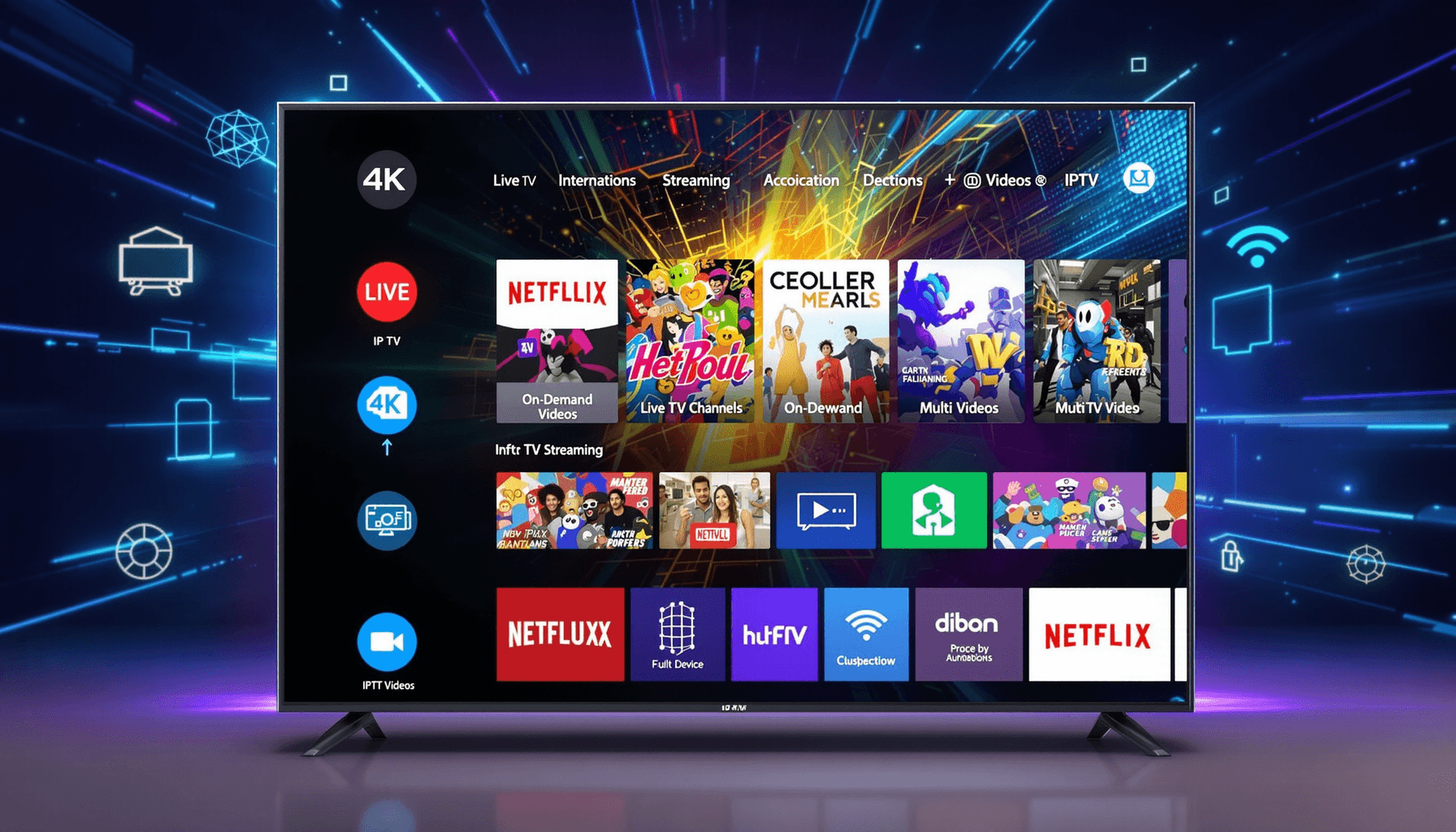 Lux IPTV – Best Streaming for Movies, Sports & Live TV 2025 1 A sleek modern TV showing vibrant 4K streaming content with digital icons for live TV, on-demand videos, and multi-device connectivity on a futuristic background.
