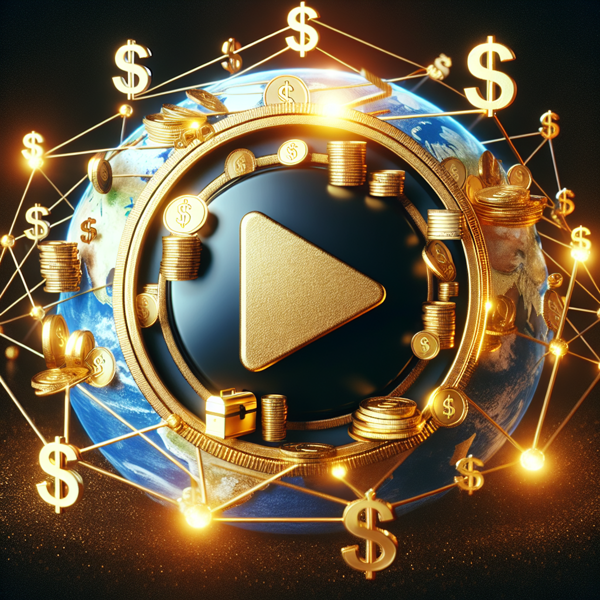 A golden play button hovers over a global network, adorned with dollar coins, treasure chests, and credit cards emitting a golden glow.