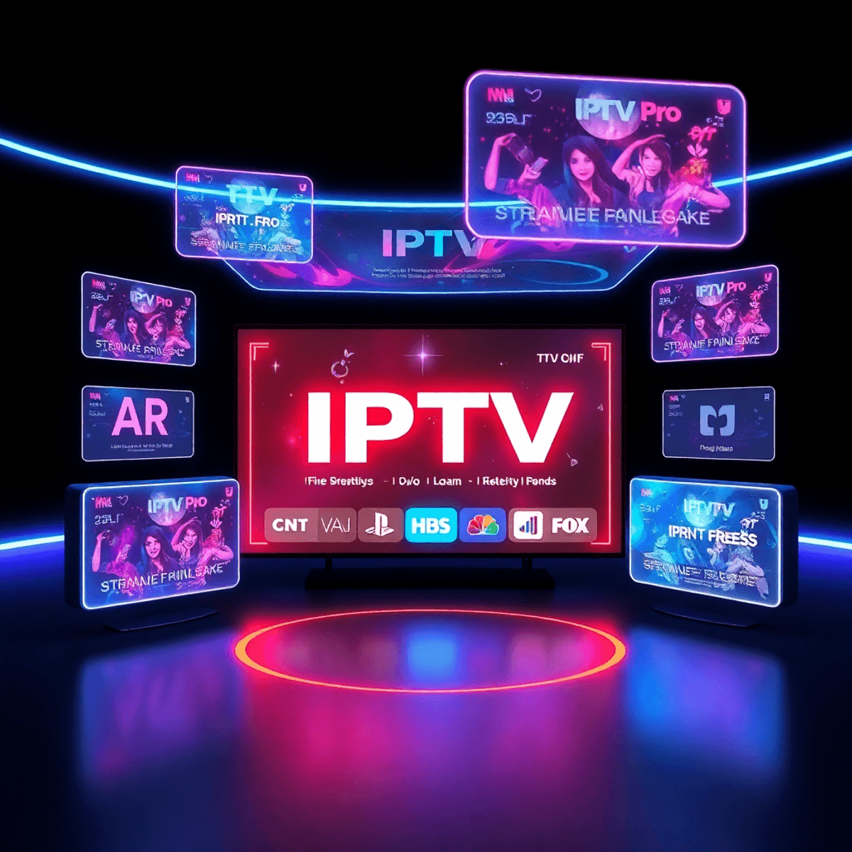 IPTV Pro: The Ultimate Guide for 2025 7 Futuristic digital streaming interface with glowing icons and holographic screens showing IPTV Pro and apps on a sleek dark background.