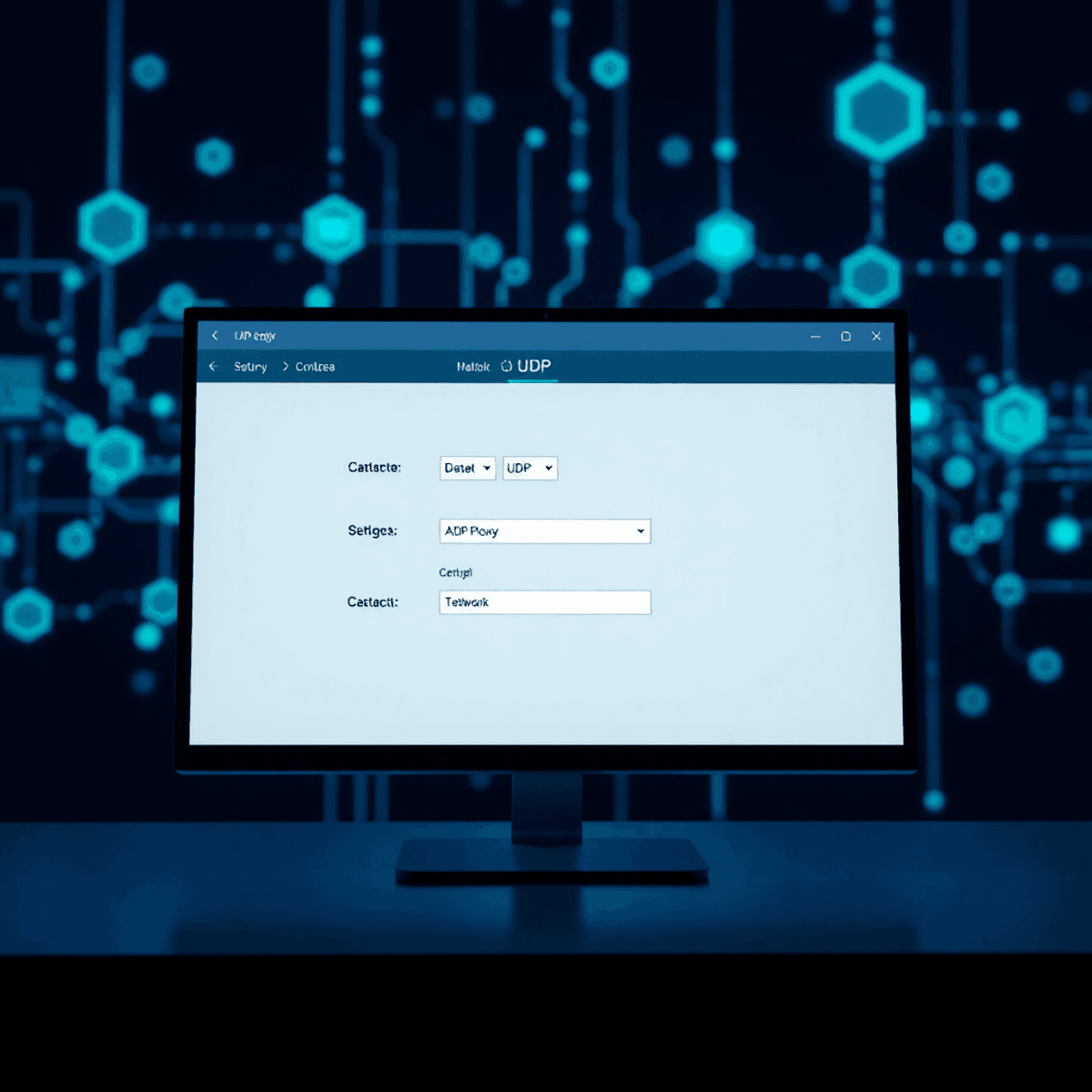 IPTV Pro: The Ultimate Guide for 2025 4 Sleek computer screen showing UDP proxy settings with glowing blue and green abstract data packet and network connection icons.