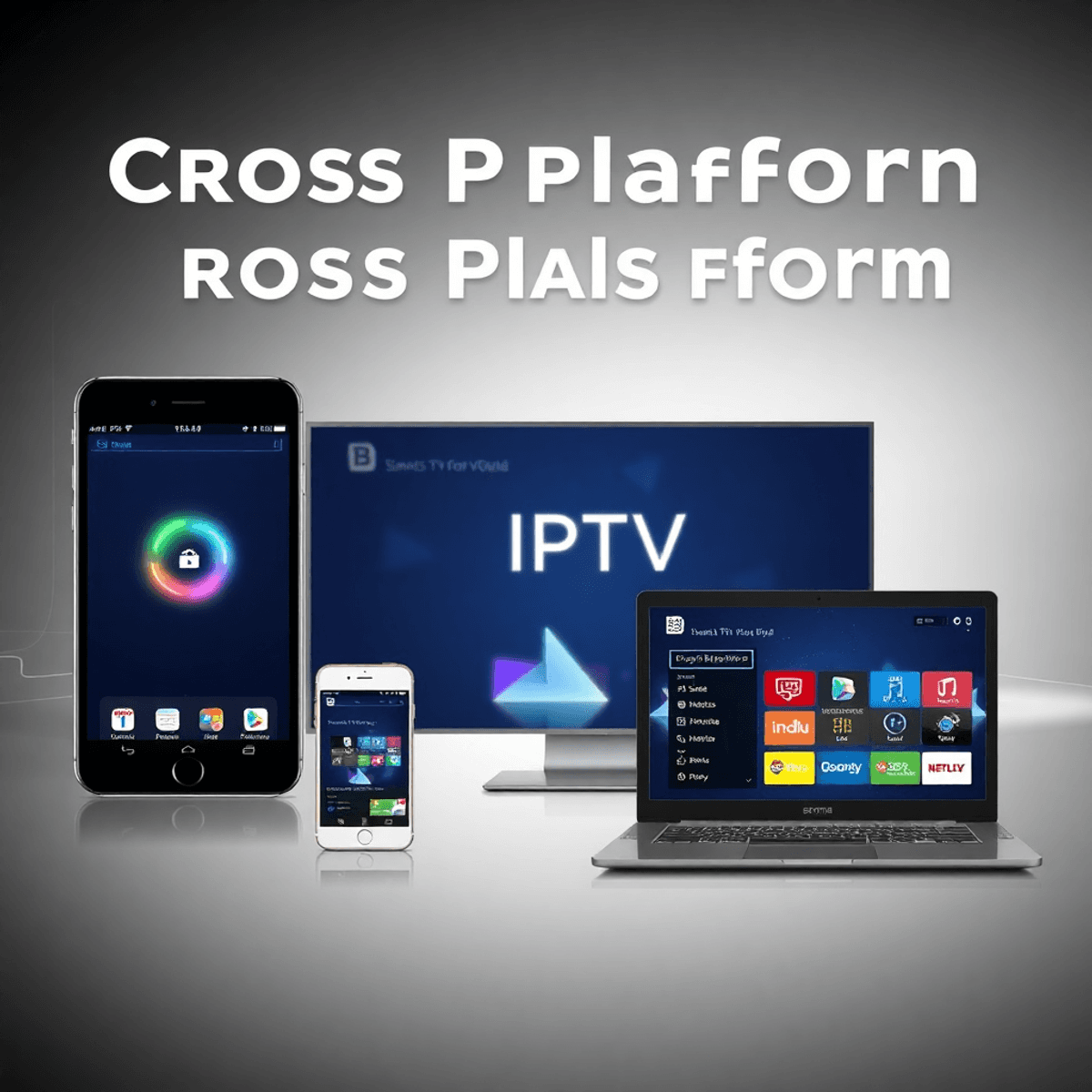 IPTV Pro: The Ultimate Guide for 2025 5 Digital collage of smartphone, tablet, smart TV, and laptop showing IPTV Pro interface on a sleek tech background.