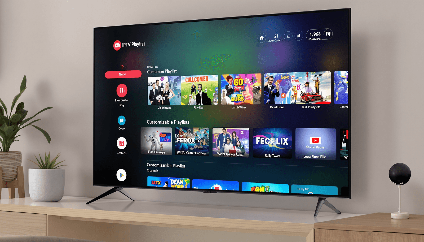 IPTV Pro: The Ultimate Guide for 2025 1 Modern smart TV showing vibrant IPTV streaming app with playlists and channels in a cozy living room.