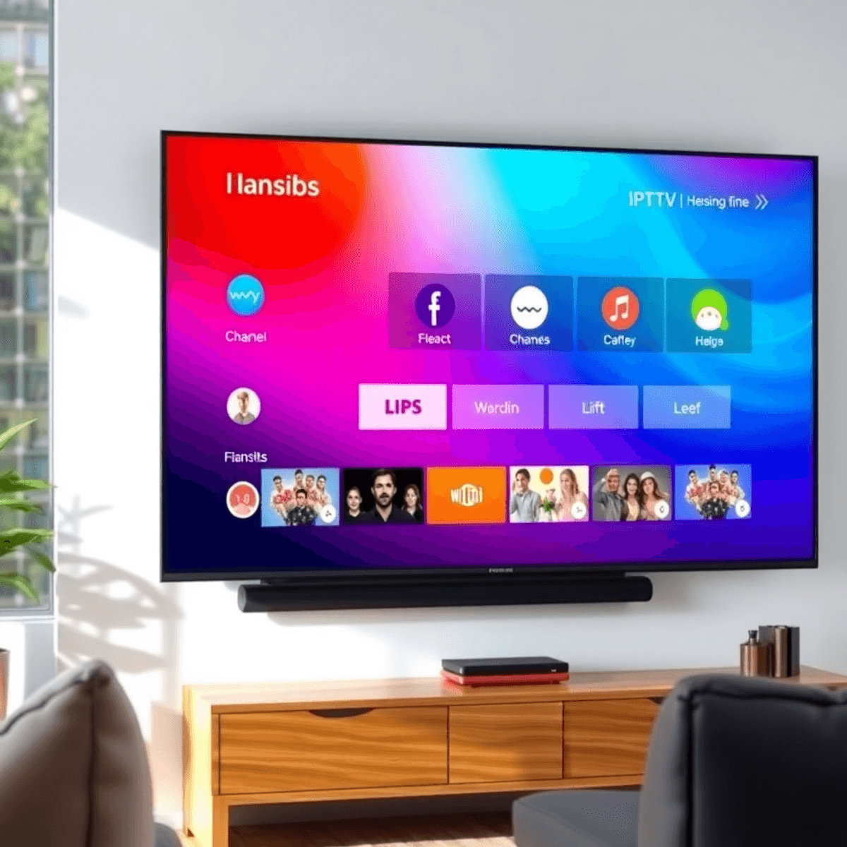 IPTV Pro: The Ultimate Guide for 2025 6 Modern TV screen showing a vibrant IPTV interface with channel icons and settings in a cozy living room.