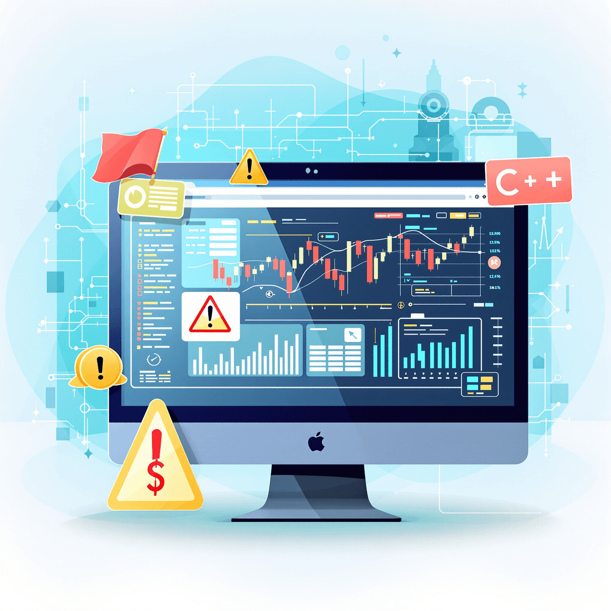 A digital illustration of a computer screen showing a trading platform with graphs and charts, featuring subtle warning signs and an abstract tech-themed background.