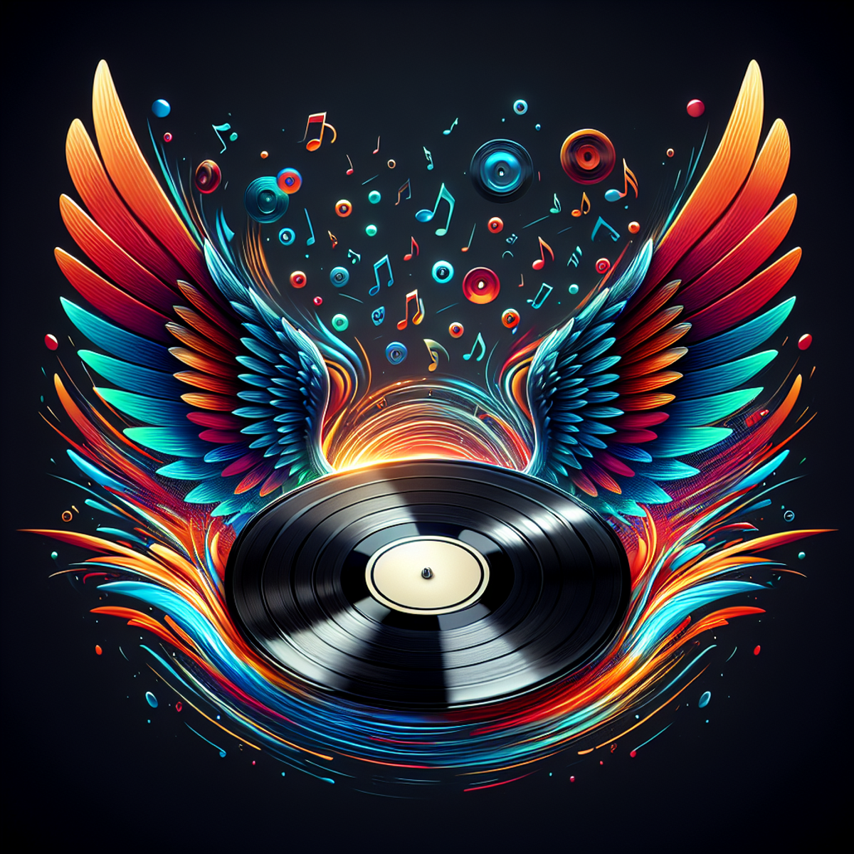 A vinyl record with vibrant wings in dynamic motion.