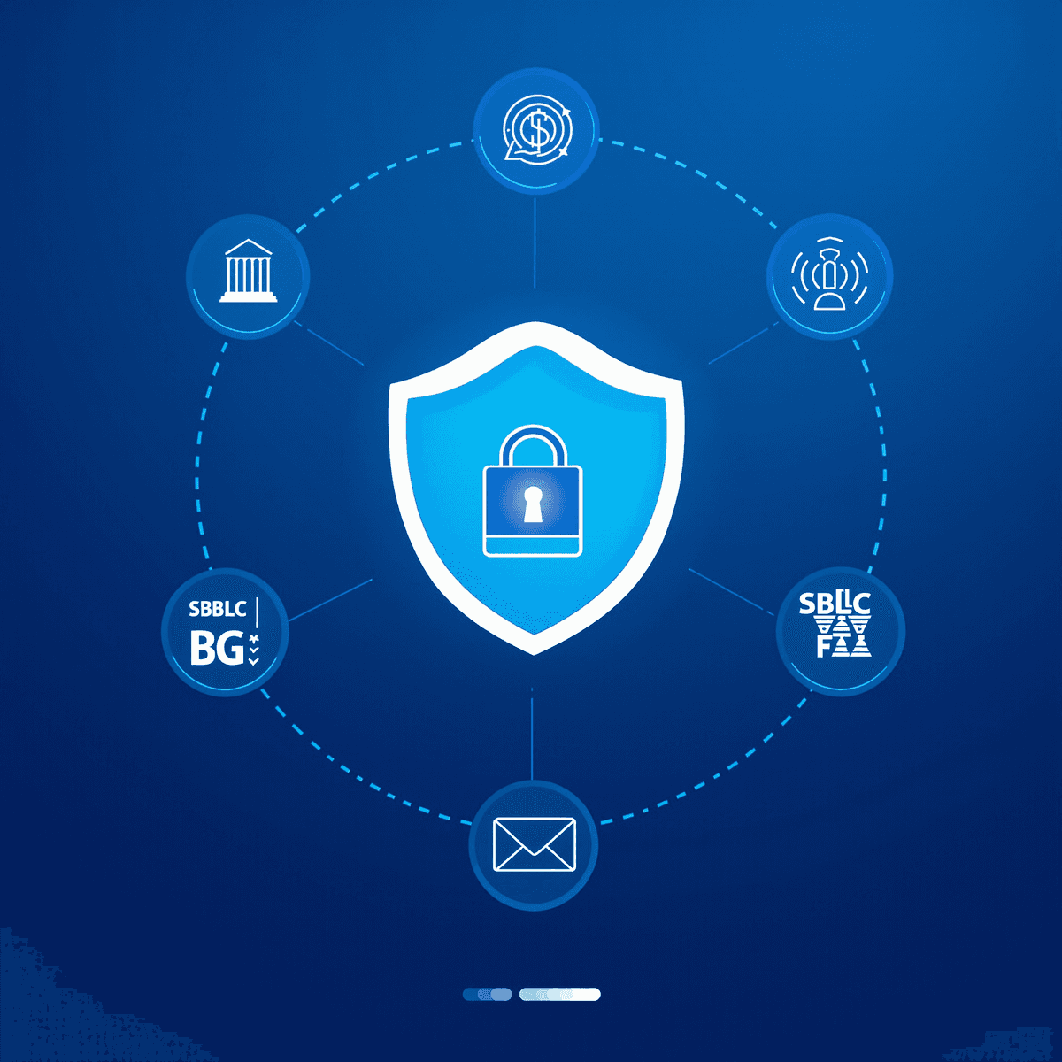A professional image showcasing financial symbols like a padlock and shield, alongside icons for Standby Letters of Credit and Bank Guarantees, in calming blue tones.