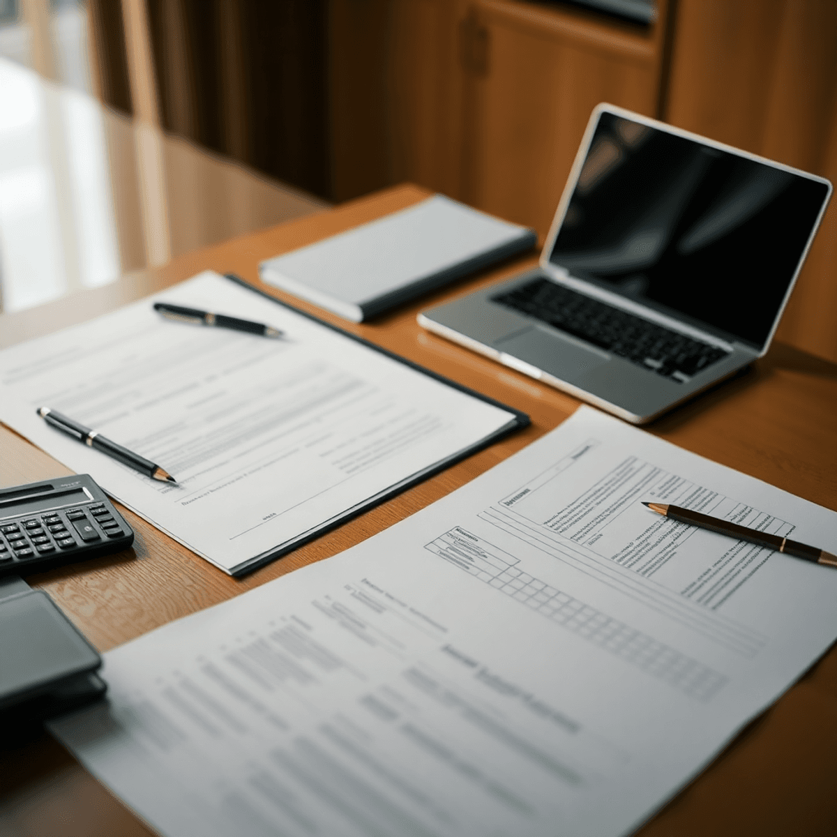Commercial Real Estate Loans 2 A well-organized desk with paperwork, a calculator, and a laptop, bathed in warm lighting, symbolizing focus and readiness for a commercial real estate loan.