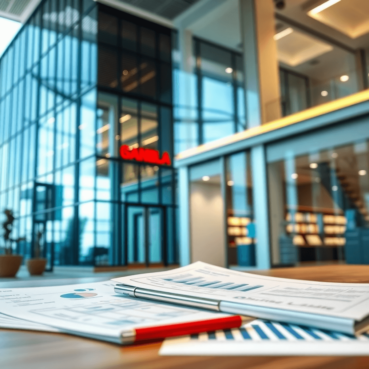 Commercial Real Estate Loans 4 A modern office building and retail space in the background, with documents and financial charts in the foreground, symbolizing opportunity in commercial real estate.