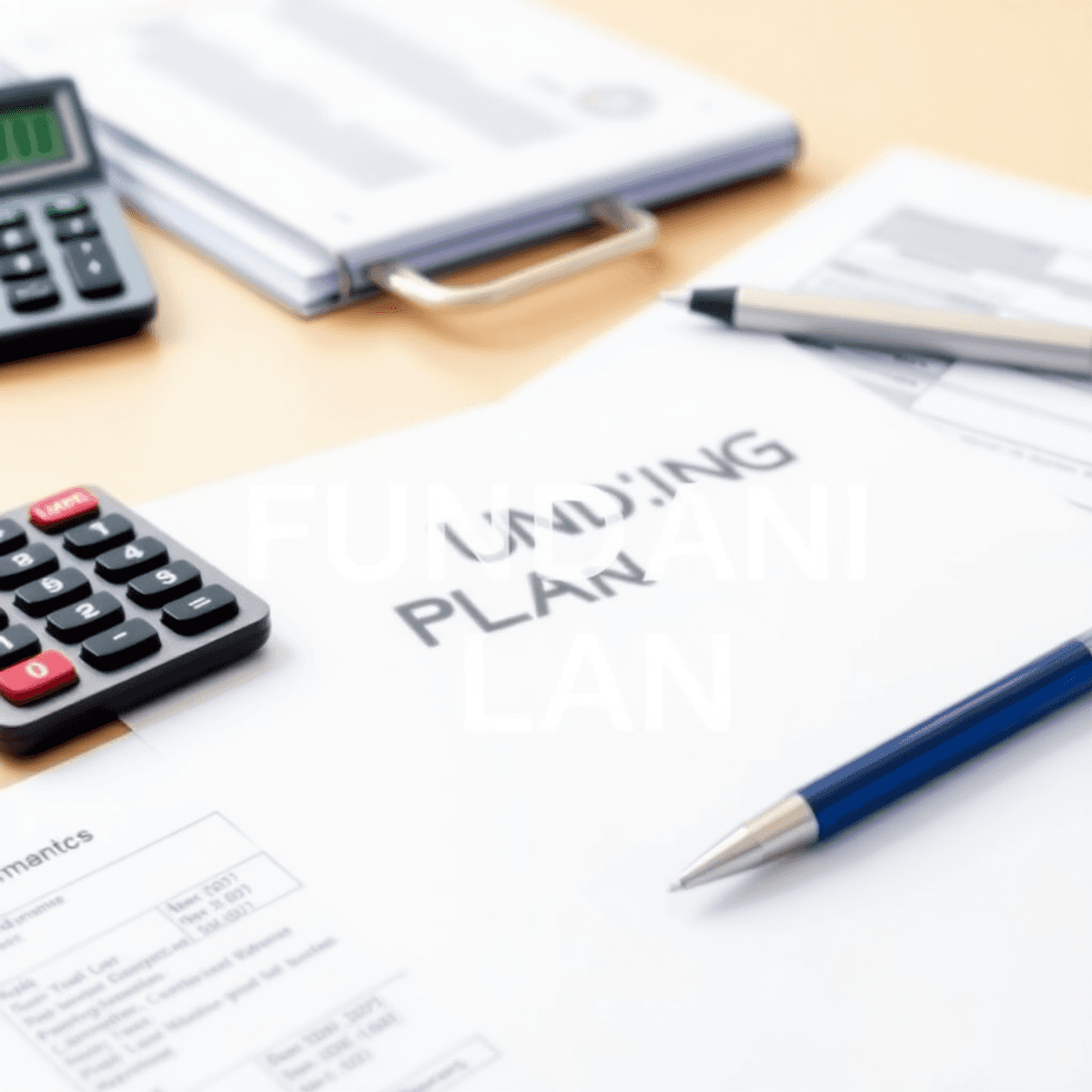 Commercial Real Estate Loans 5 A neatly arranged funding plan on a desk with a calculator, financial documents, and a pen, set against a bright background to convey positivity and professionalism.
