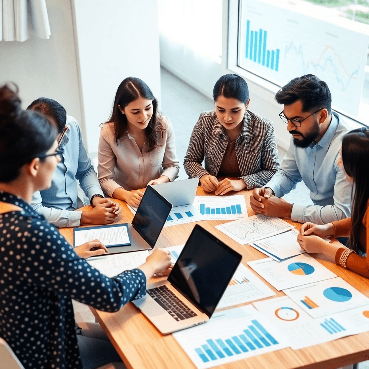 Commercial Real Estate Loans 3 A diverse group of people sitting around a table with laptops and documents, discussing loans and financial planning in a bright office, surrounded by charts and graphs.