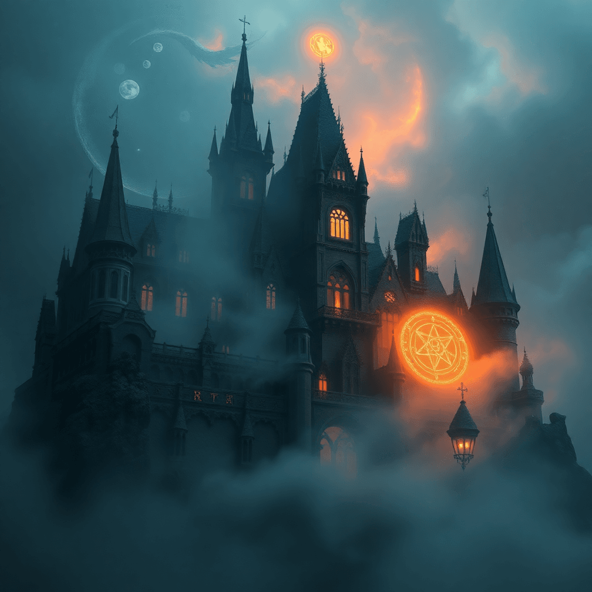 A dark fantasy castle shrouded in swirling mist with glowing mystical symbols and dramatic cinematic lighting.