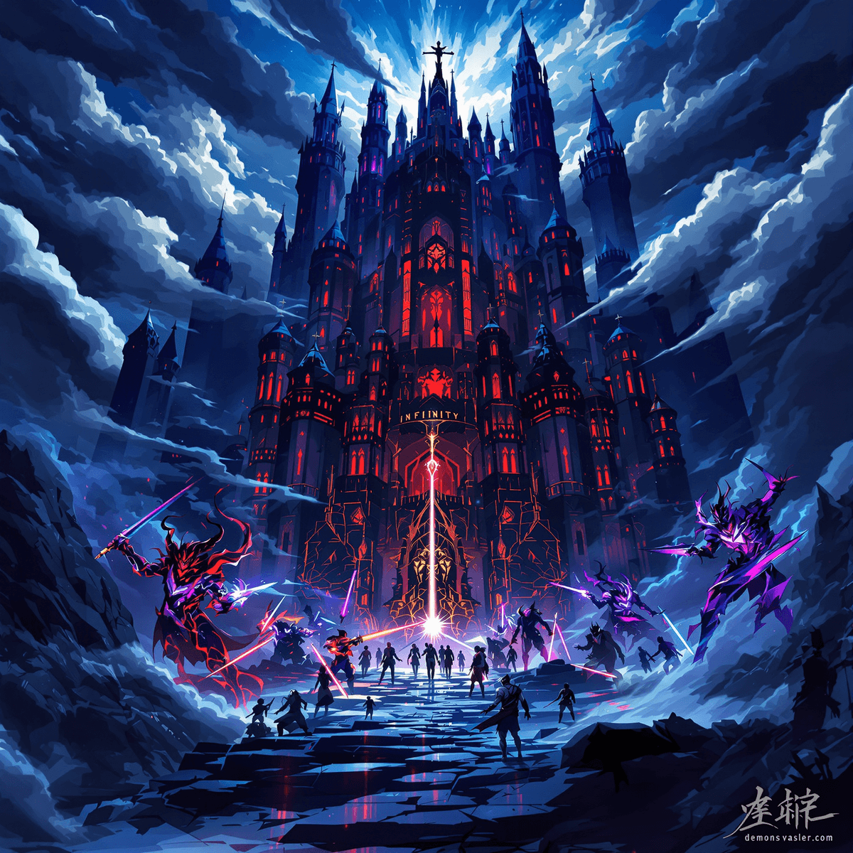 Anime-style illustration of a misty fortress with glowing swords and demon silhouettes in dark blues, reds, and purples, evoking suspense and supernatural action.
