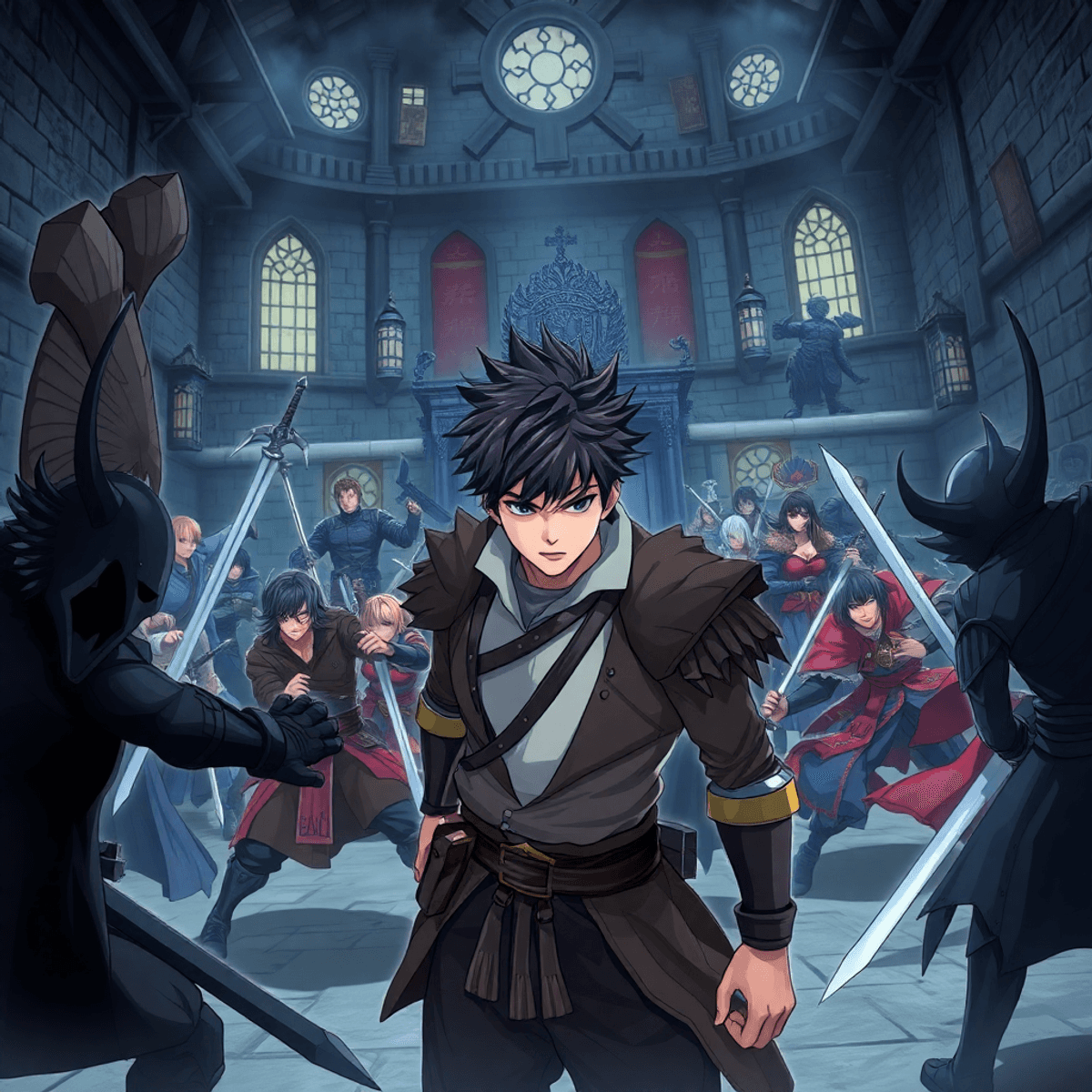 Anime-style warriors in battle poses inside a dark ancient castle, with a young male hero leading his team against shadowy demon figures.