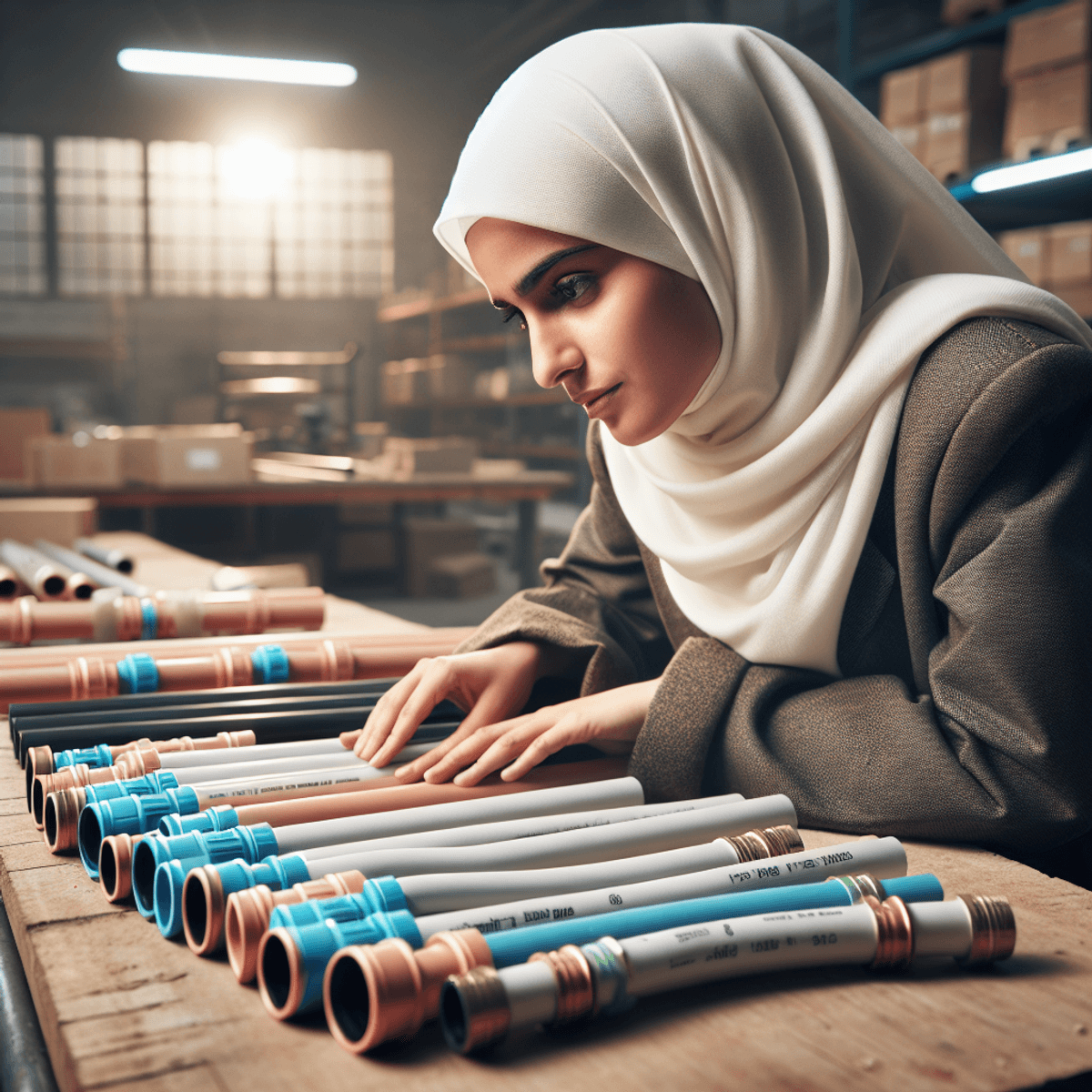 A Middle-Eastern female construction worker in a brightly lit workshop, thoughtfully examining a variety of colorful PEX pipes laid out before her. She is focused on selecting the right pipe, showcasing her expertise and the distinct colors and markings of each pipe type.