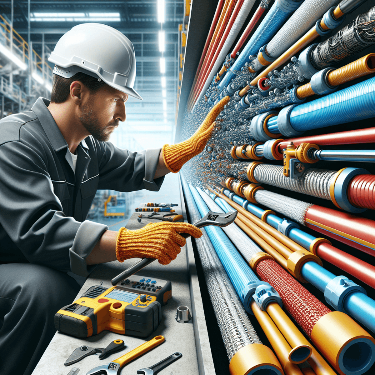 A Caucasian engineer in a manufacturing setting is closely examining two types of PEX piping positioned side by side on a workbench. The PEX A pipe, colored a smooth, glossy red with a flexible texture, contrasts sharply with the PEX B pipe, which is a matte blue and slightly stiffer. The engineer holds a caliper in one hand and points at the pipes with the other, highlighting their distinct features. The background contains various tools and equipment typical of a manufacturing environment, enhancing the realism of the scene.