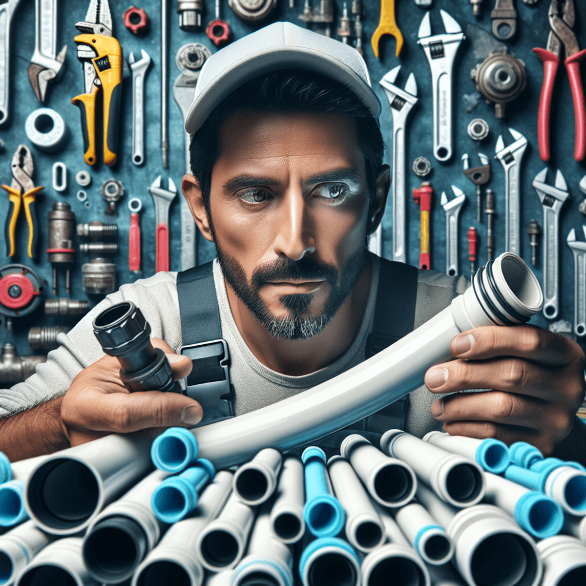 A close-up view of PEX B piping, showcasing its smooth, flexible cross-linked polyethylene material with a glossy finish. In the background, various plumbing tools and fixtures are scattered, including wrenches, pipe cutters, and fittings, creating an industrial atmosphere. A Hispanic male plumber is examining the pipes intently, dressed in work attire with a tool belt, highlighting the practical application and importance of PEX piping in plumbing work. The overall image captures the essential role these pipes play in everyday plumbing tasks.