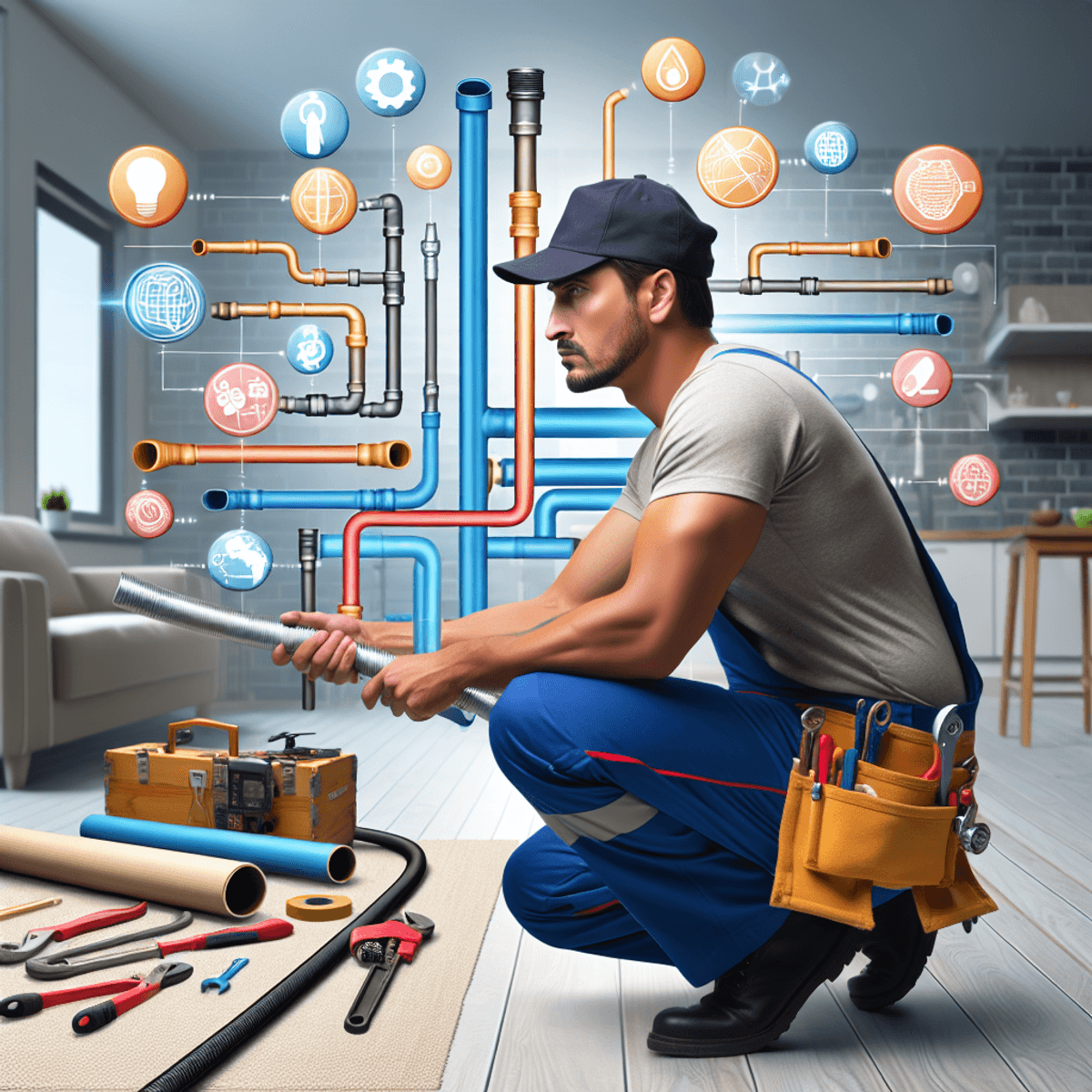 A Hispanic male plumber, wearing a blue work shirt and overalls, is kneeling on a clean tiled floor in a modern kitchen, carefully connecting flexible PEX A pipes. Surrounding him are an organized collection of high-quality plumbing tools like wrenches and pipe cutters, alongside vibrant rolls of colorful PEX piping. The setting showcases contemporary cabinetry and appliances, emphasizing the advanced plumbing technology at work.