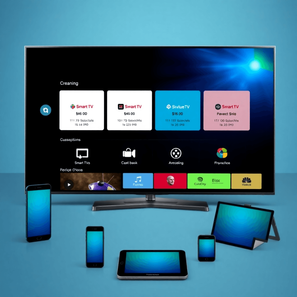 Digital streaming interface showing subscription plans and prices, surrounded by icons of smart TVs, smartphones, and tablets for multi-device IPTV access.