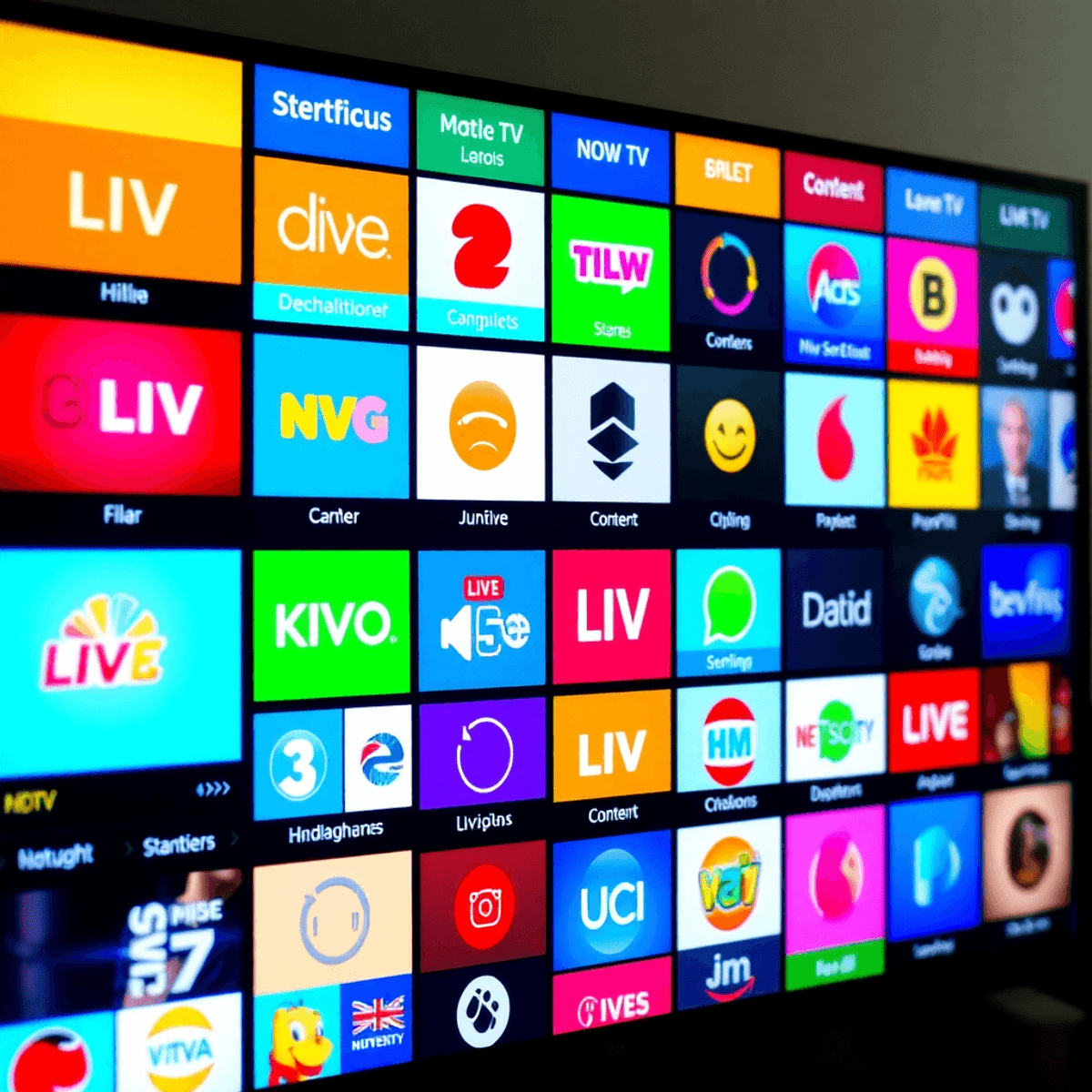 Digital TV screen showing a colorful grid of live TV channel icons, representing a vast content library and modern IPTV technology.
