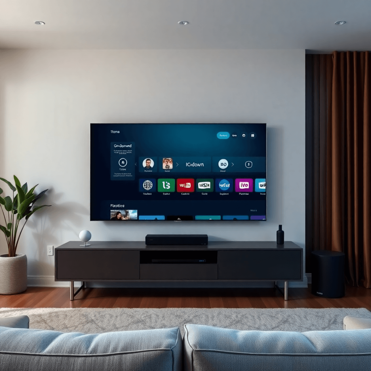 Modern living room with a sleek flat-screen TV showing a streaming service interface with on-demand and instant playback icons.