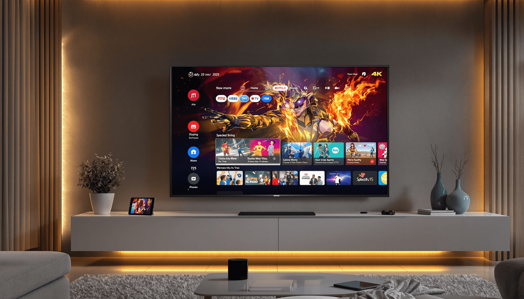 Modern living room with a large flat-screen TV showing vibrant 4K content, surrounded by a tablet and smartphone, highlighting seamless internet TV entertainment.