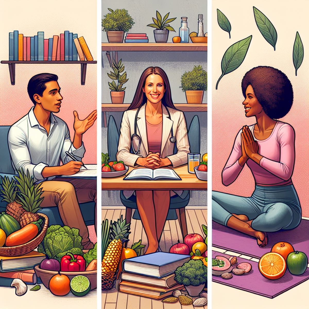 A vibrant digital art representation of a diverse group of wellness professionals, symbolizing the variety of perspectives and expertise in the field.